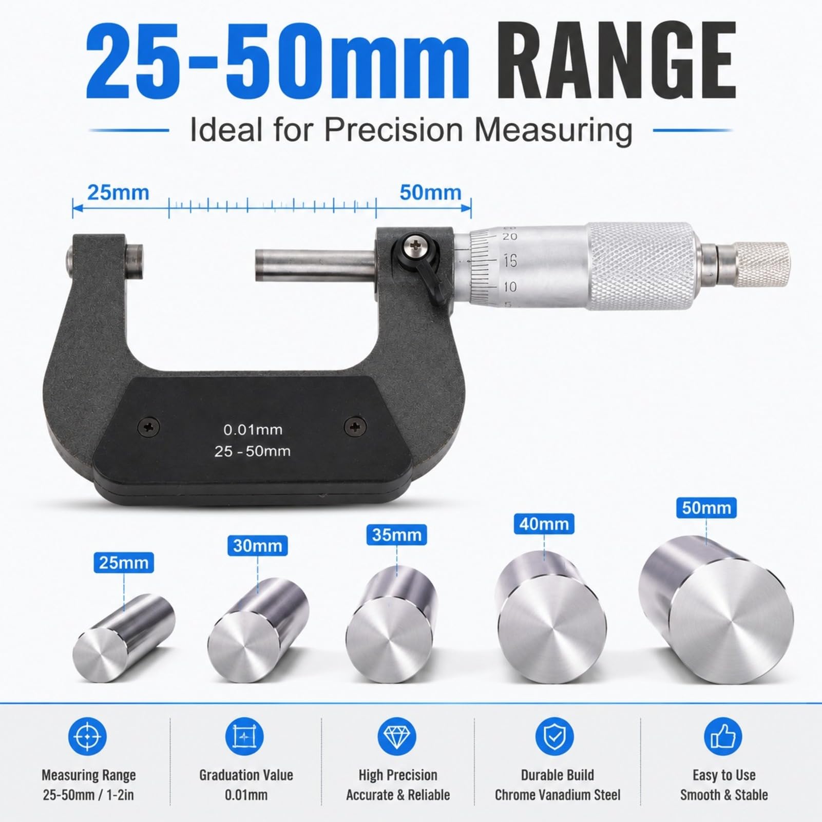 Micromètre Lvifloae Diamètre à l'extérieur Chrome Vanadium Steel Locking Mesurer Instrument de 25 à 50 mm Outils