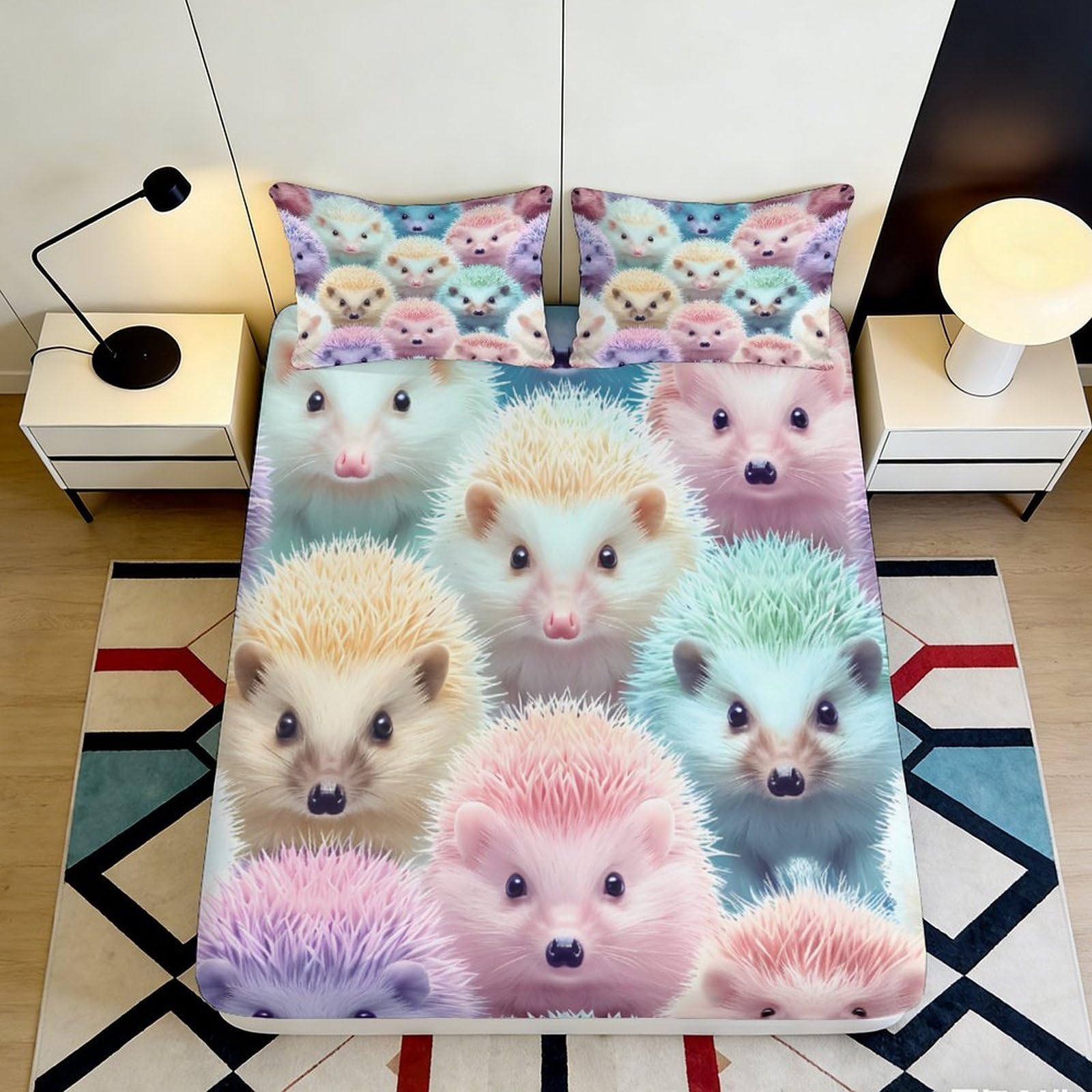3D Printed Pastel Hedgehog Fitted Sheet Microfiber Soft Anti-Slip Mattress Cover Washable for Bedroom Dorm Decor 90x200x25cm