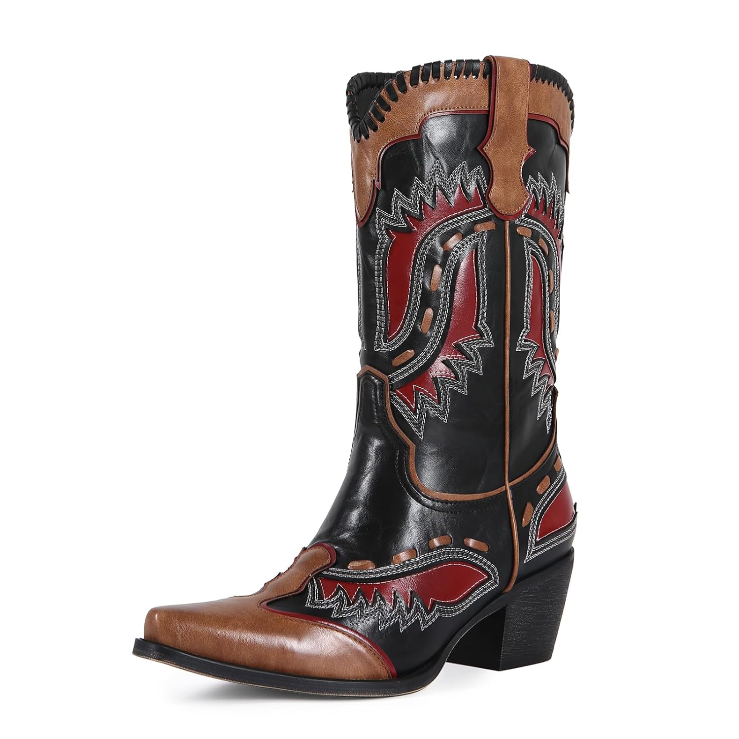 Women Western Cowboy Boots Vintage Pointed Toe Mid Calf Cowgirl Boots Two Tone Leather Block Heel Country Riding