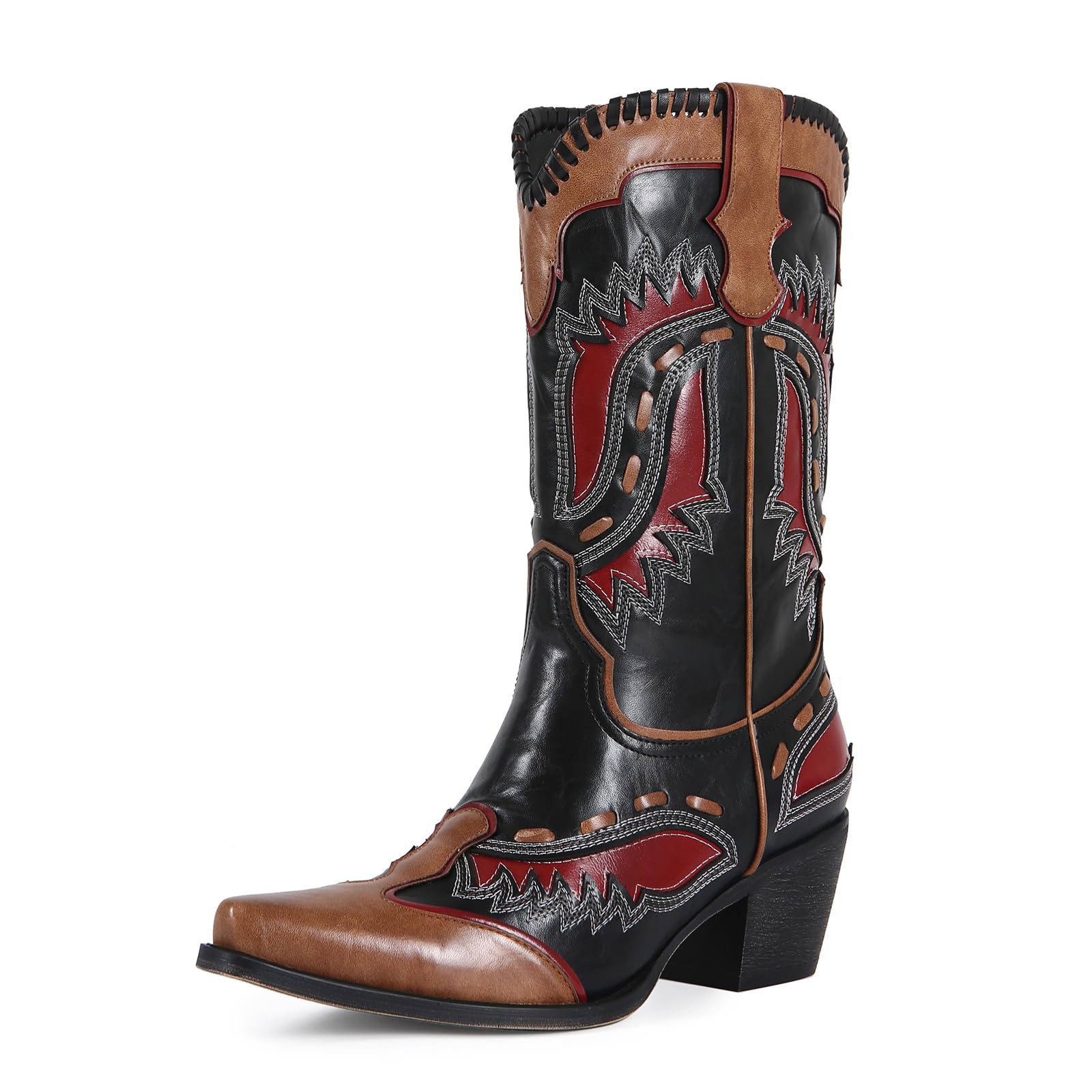Women Western Cowboy Boots Vintage Pointed Toe Mid Calf Cowgirl Boots Two Tone Leather Block Heel Country Riding