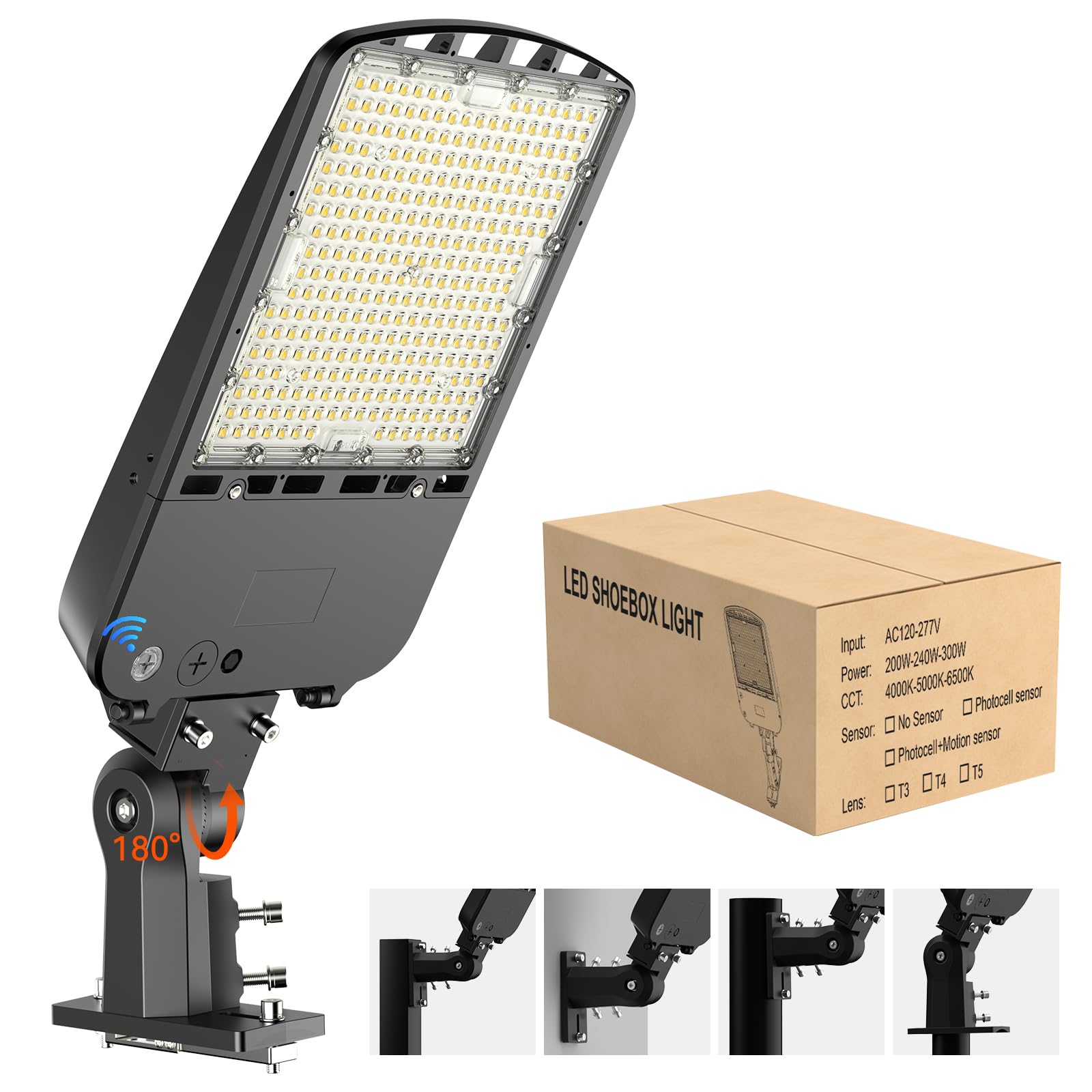 OKQ 200W LED Parking Lot Light, 30,000LM (150LM/W) 5000K Daylight, Dusk to Dawn Outdoor Commercial Pole Light with Photocell, Slip Fitter & Arm Mount, IP65 Waterproof Street Lighting, UL Liste