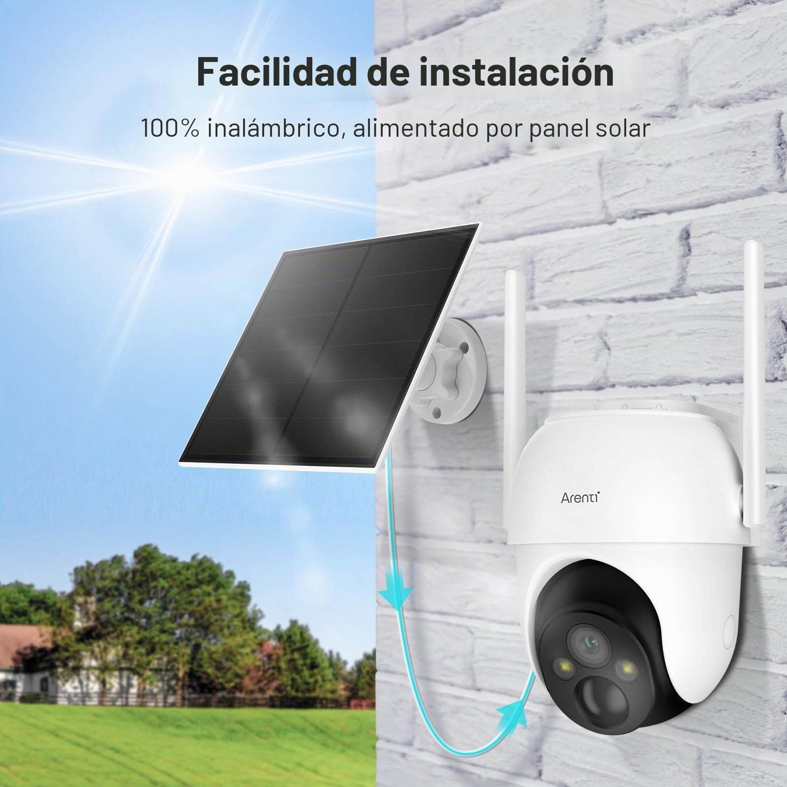 ARENTI Cámara Solar Exterior 2K/3MP, PIR, inalámbrica, Nube, IP65, vigilancia, Audio bidireccional, Alexa-Compatible