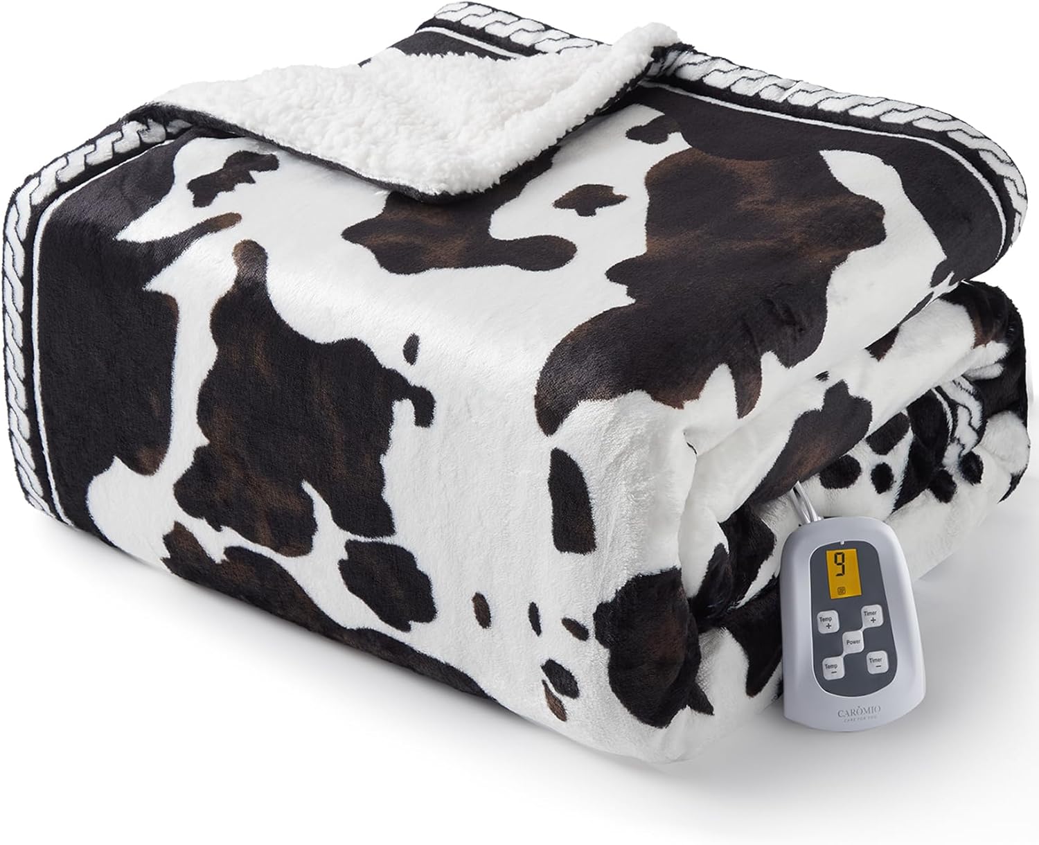 CAROMIO Heated Electric Blanket Full Size, Cow Print Fast Heating Blankets with LCD Controller, 10 Heat Levels & 1-12H Time Settings, ETL Certified, Machine Washable, Brown Black, 72" x 84"
