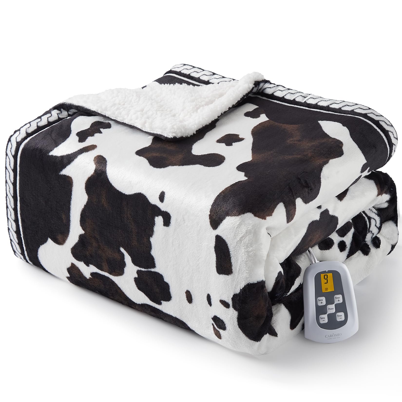 CAROMIO Heated Electric Blanket Twin Size, Cow Print Fast Heating Throw Blankets with LCD Controller, 10 Heat Levels & 1-12H Time Settings Auto Off,