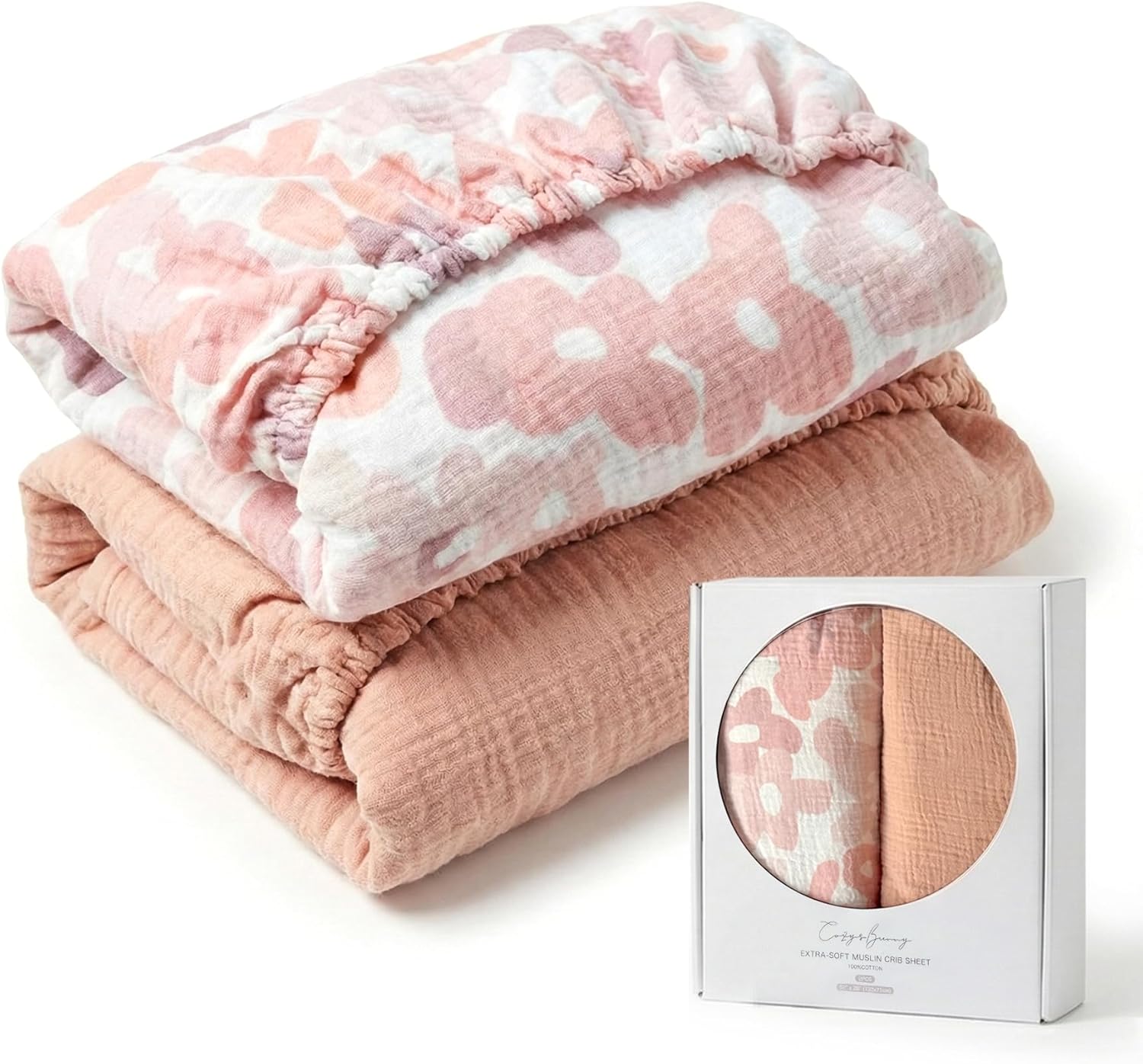 Muslin Crib Sheets for Girls Boys 2 Pieces, Soft and Breathable Sheets for Standard Crib Mattress, Cotton Fitted Baby Crib Sheet, 52"x 28", Colorful Flowers (Pink Flowers & Pink)