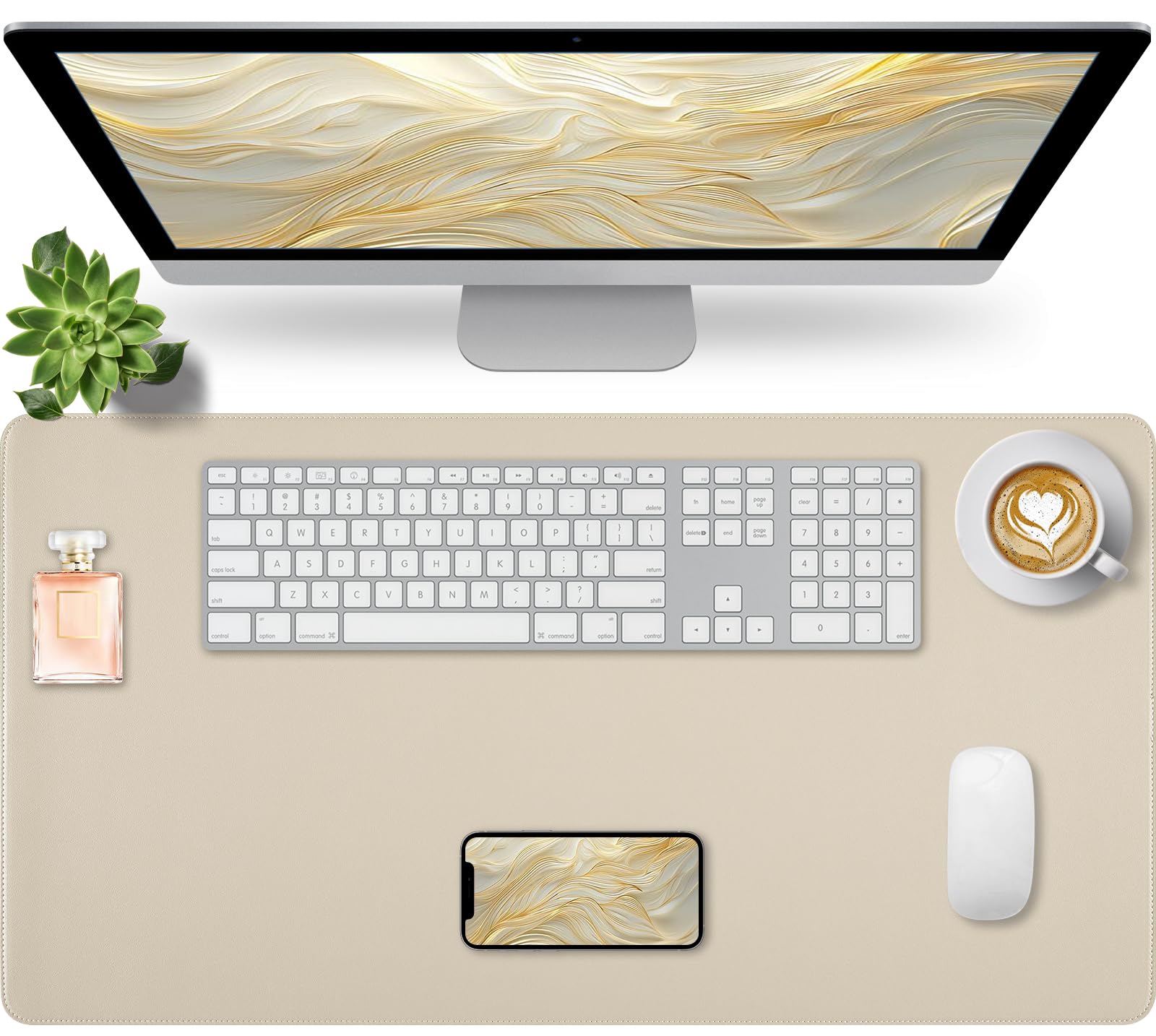 Beige Desk Mat with Stitched Edges, 31.5"×15.7" Keyboard Pad, Non-Slip Desk Protector Mat, Leather Desk Blotter, Waterproof Desk Pad for Office Home Decor