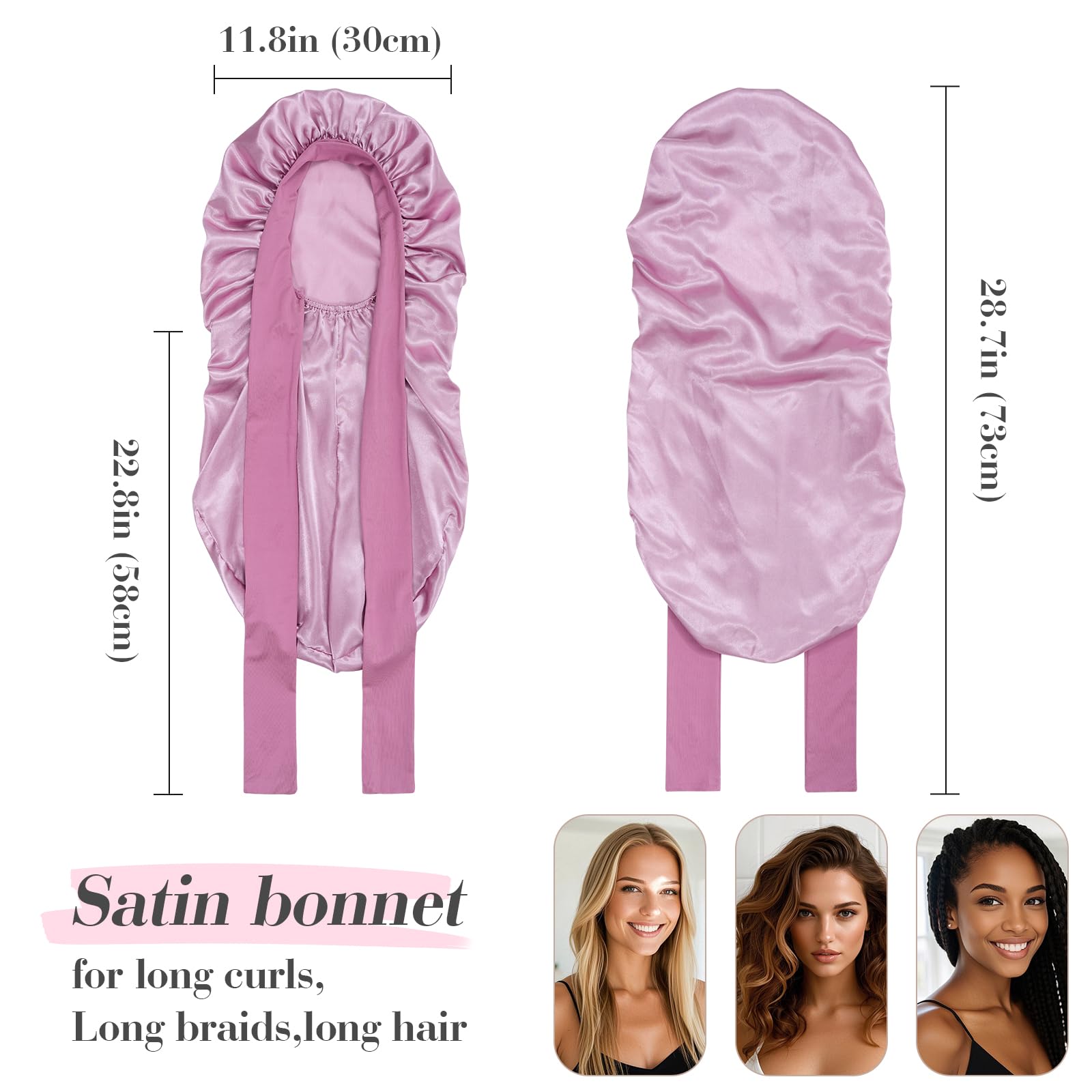 SECRET AROMA Cuffietta lunga in raso per capelli, in seta, per donne che dormono, con fascia per annodare, per capelli ricci e trecce