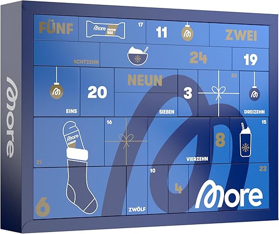 MORE Adventskalender – Mit 24 Fitness-Überraschungen inkl. Zerup, Chunky Flavour & Protein Iced Coffee – Limitierte Sorten, Originalgrößen & Non-Food-Geschenke – Fitness Geschenkidee zu Weihnachten
