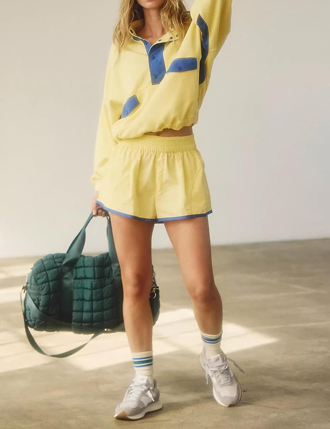 Womens 2 Piece Short Sets Loose Color Block Sweatshirt Short Set and Summer Long Sleeve Pullover Tracksuit with Pocket - Image 4