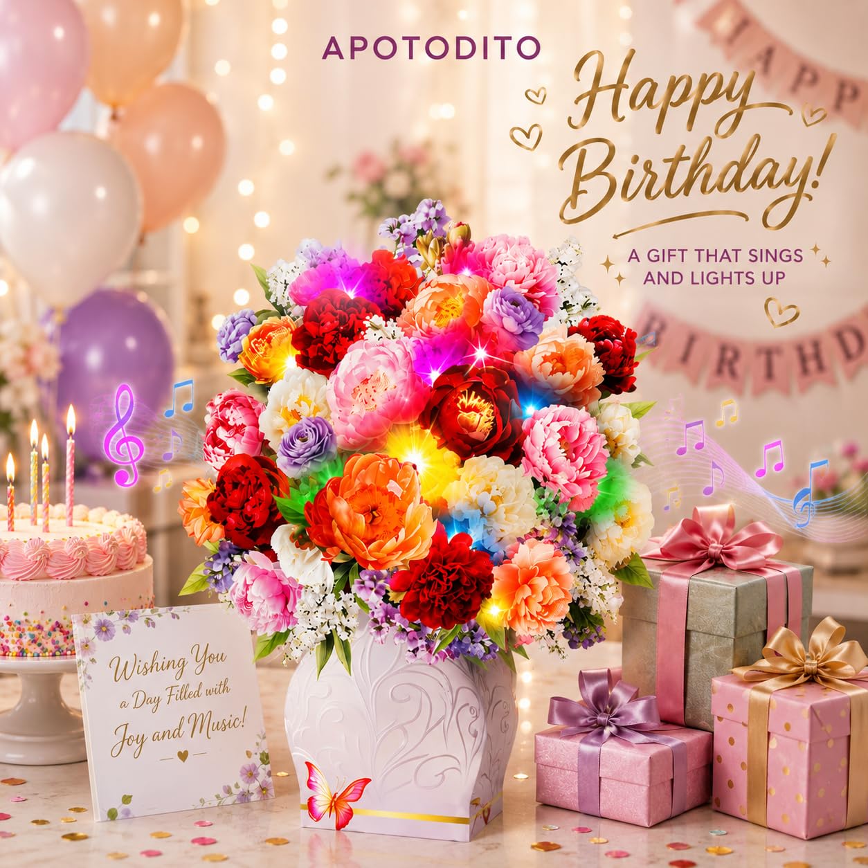 APOTODITO Tarjetas de cumpleaños para mujer, tarjeta de flores con música y luz, tarjeta 3D de ramo de flores, tarjetas de regalo para mamá, mujer, esposa, hija, novia