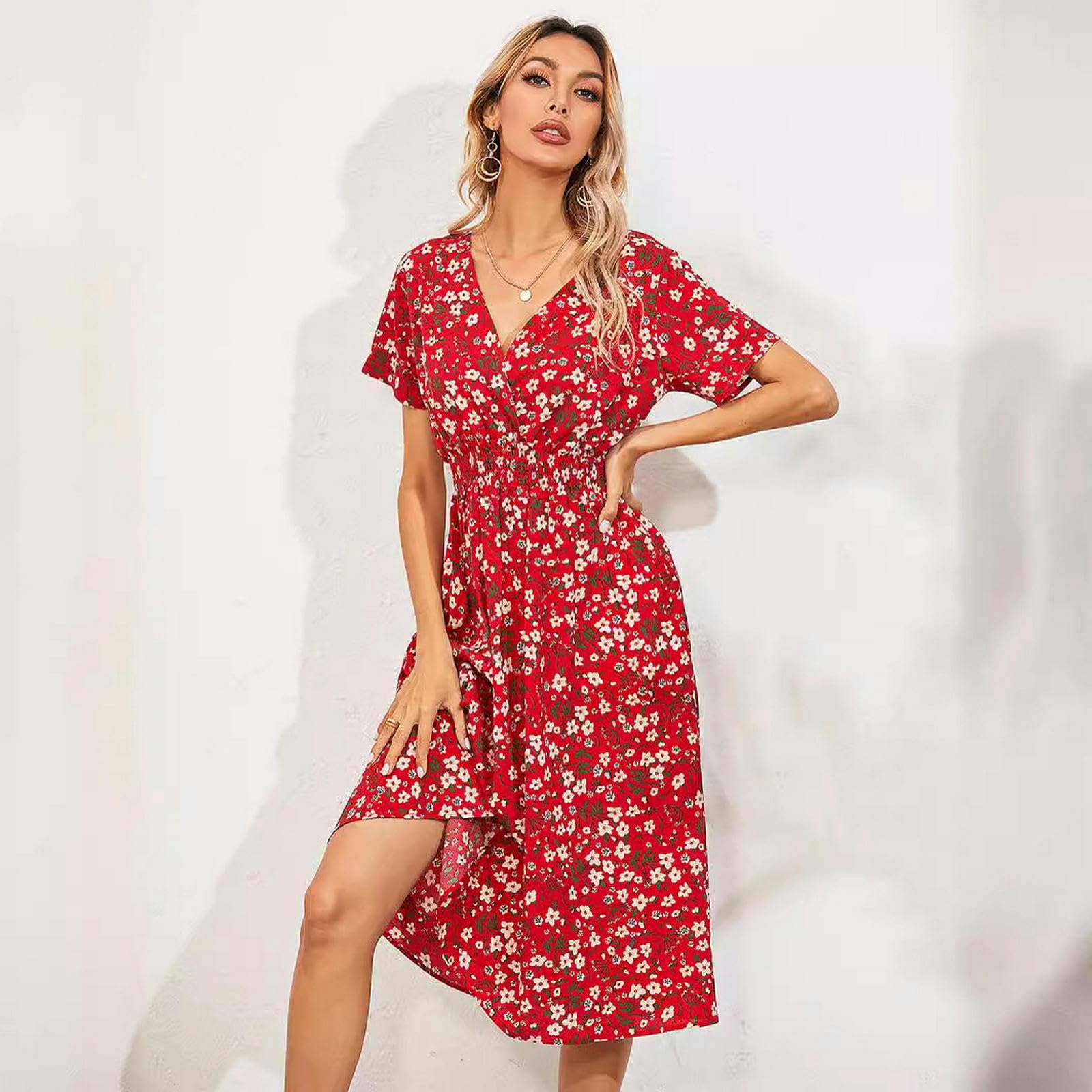 Ropa de Verano para Mujeres Ropa de Verano Flores de Manga Corta Vestidos de Tirantes de Cuello V Vestidos de Mujer Casual Hasta la Rodilla, HUTALIM, Blanco, s