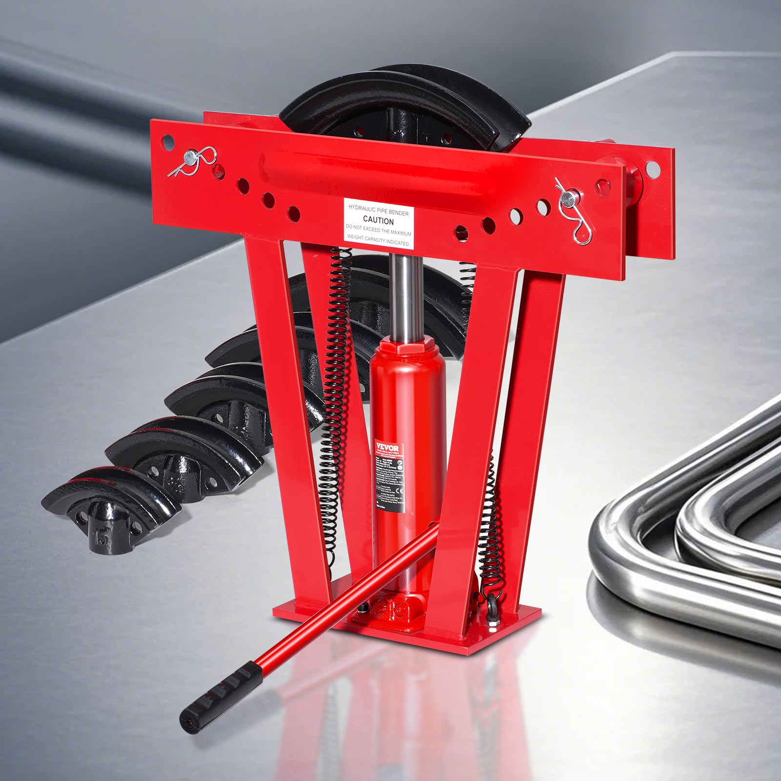 VEVOR Piegatubi Idraulico Piegatubi per Tubi Scarico in Rame 12 Tonnellate 6 Matrici (1/2'', 3/4'', 1'', 1-1/4'', 1-1/2'', 2''), Rulli Regolabili da 90° a 180° per Tubi in Metallo, Piegatubi Manuale