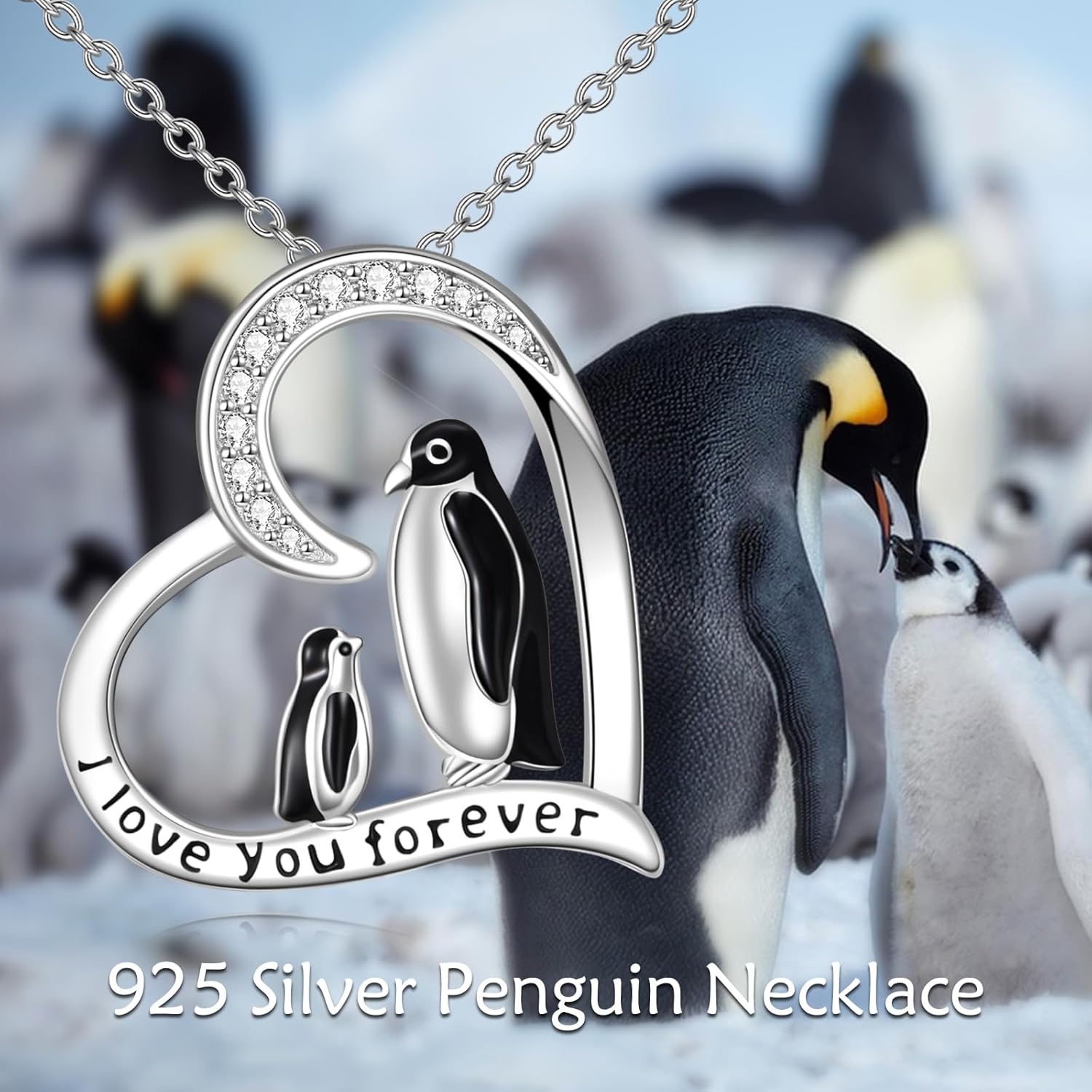 Penguin Necklace 925 Sterling Silver Two Penguins Heart Pendant Necklace Animal Jewelry Gifts for Women Penguin Lovers - Image 5