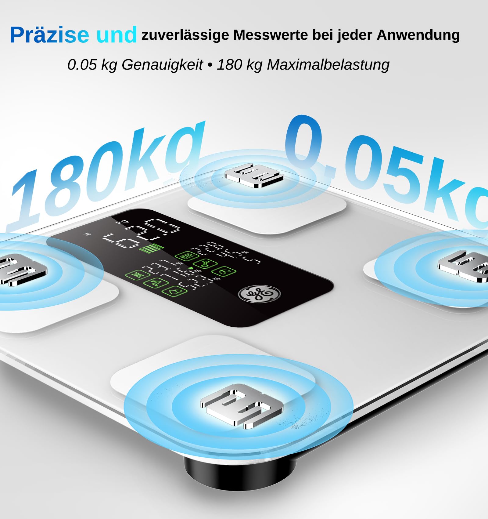 GE Bilancia pesapersone digitale con grande display, bilancia intelligente con grasso corporeo e massa muscolare, con app, 14 misure corporee, BMI, Bluetooth, fino a 180 kg, bianco