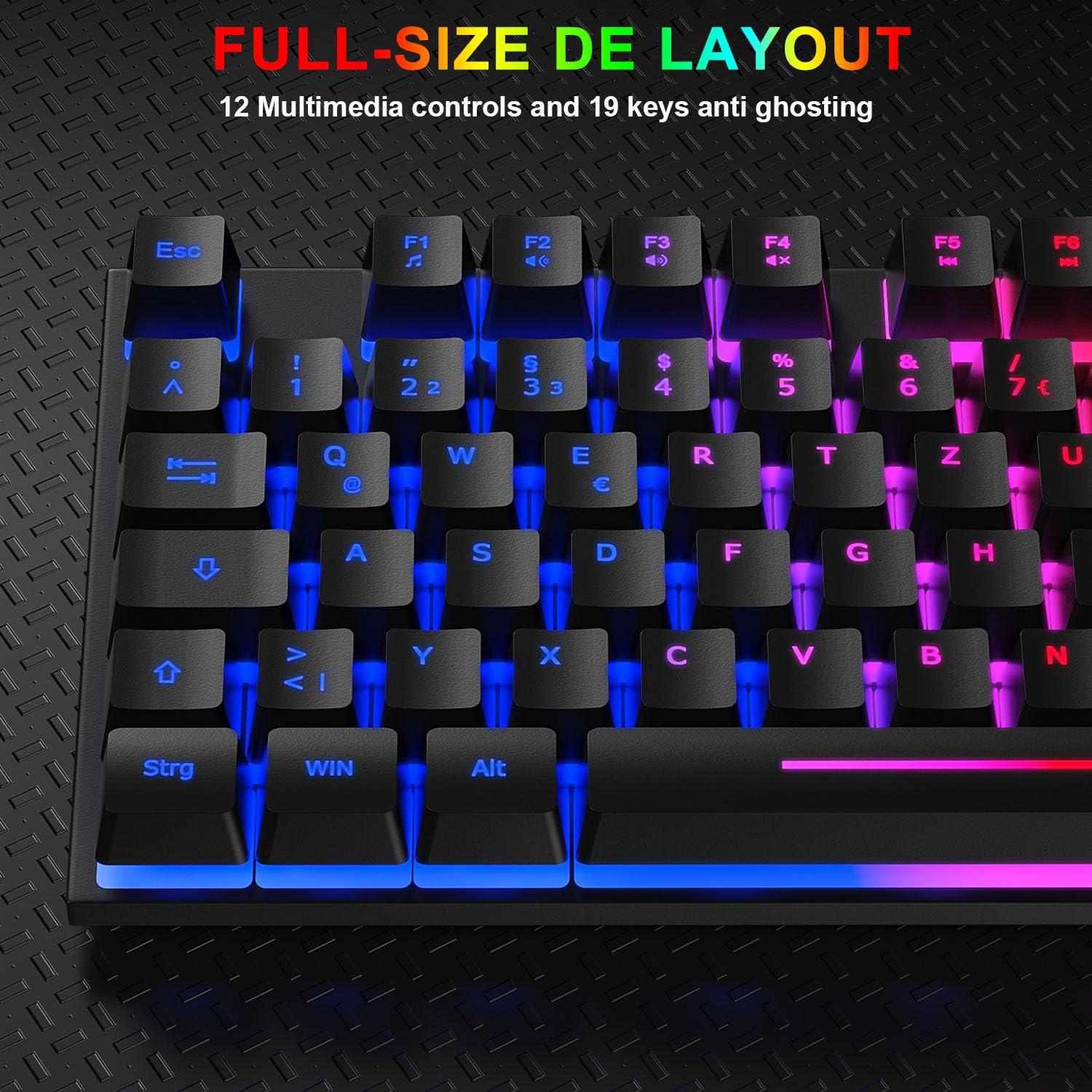 Gaming Tastatur und Maus Set, QWERTZ DE Layout, RGB Hintergrundbeleuchtung Tastatur Beleuchtet, 4 Farben Ergonomische Gaming Maus, USB Kabelgebundene Tastatur Maus mit Mauspad für PC, Mac