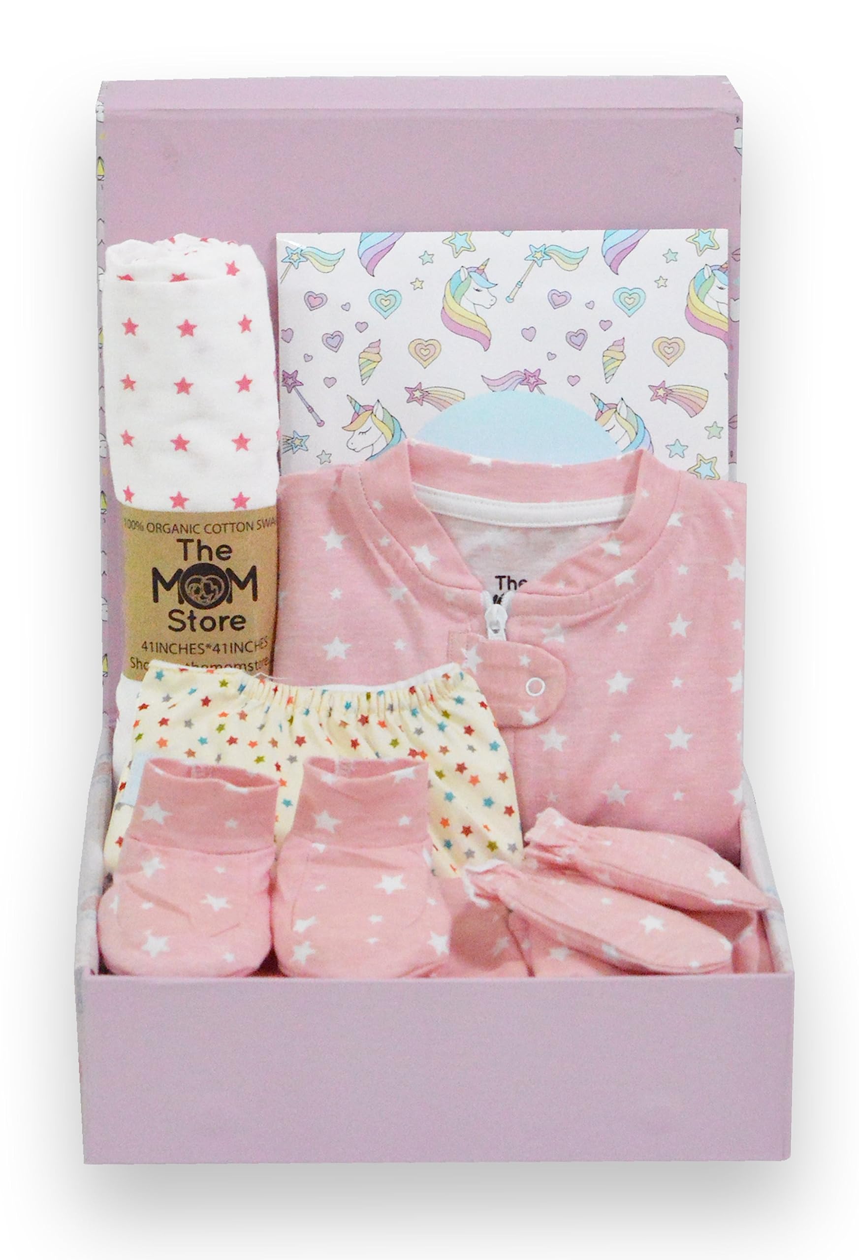 The Mom Store New Born Gift Box | Gift Hamper| Unisex Clothing Set | Infants Essentials | Baby Shower | 7 Piece set | For Baby Boy and Baby Girl