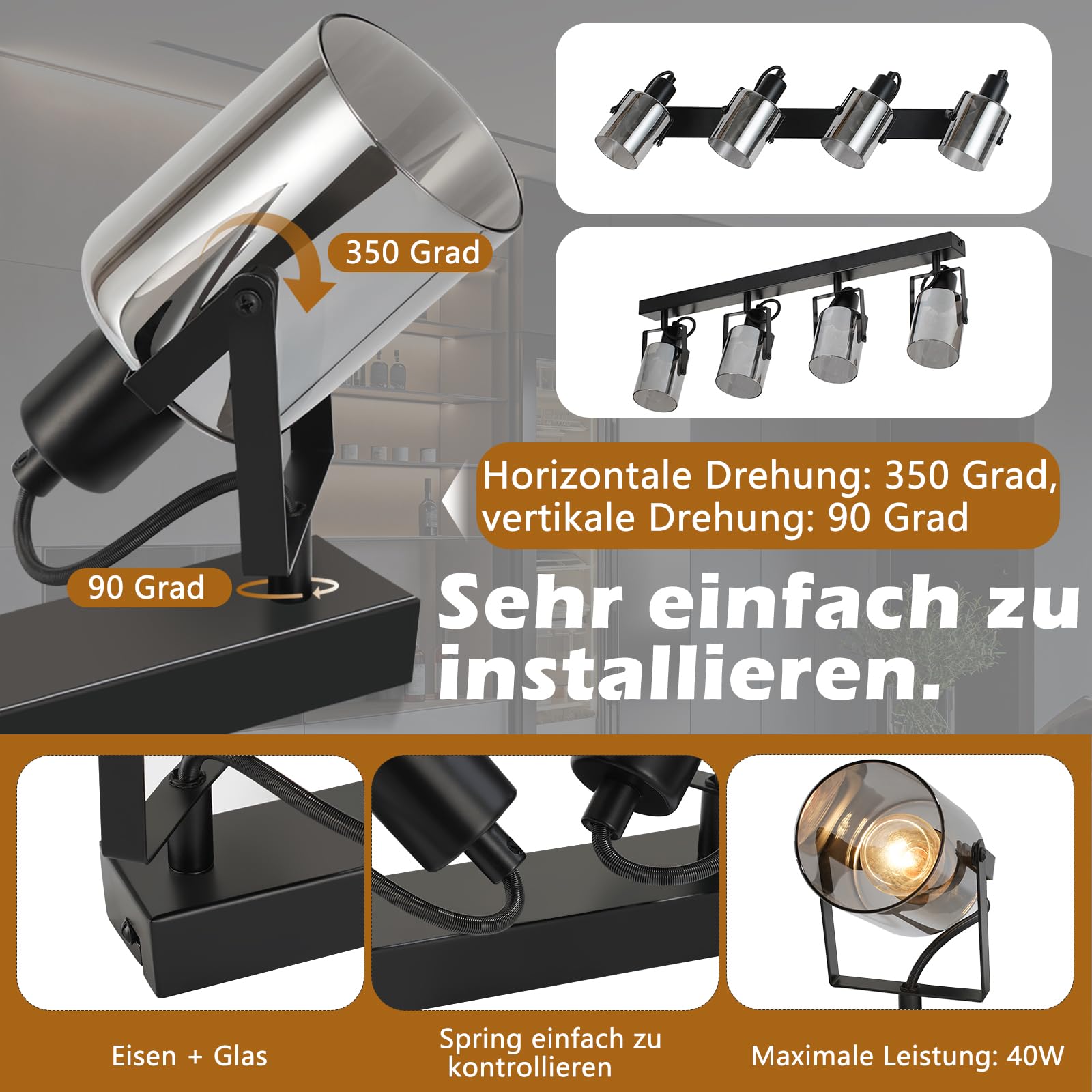 Depuley Plafondlamp/wandlamp van zwart metaal, plafondspot in retro design, 2 spots, draaibaar en draaibaar, vintage plafondlamp, fitting E14 voor slaapkamer, woonkamer (lamp niet inbegrepen