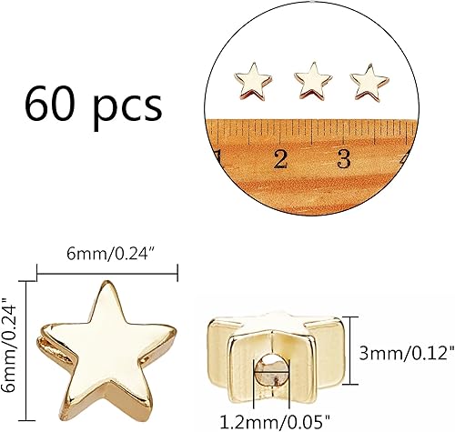 Miniatura 3 de PH PandaHall 60 cuentas de estrella chapadas en oro de 14 quilates, cuentas de estrella centelleante de 0.236 in de larga duración, cuentas
