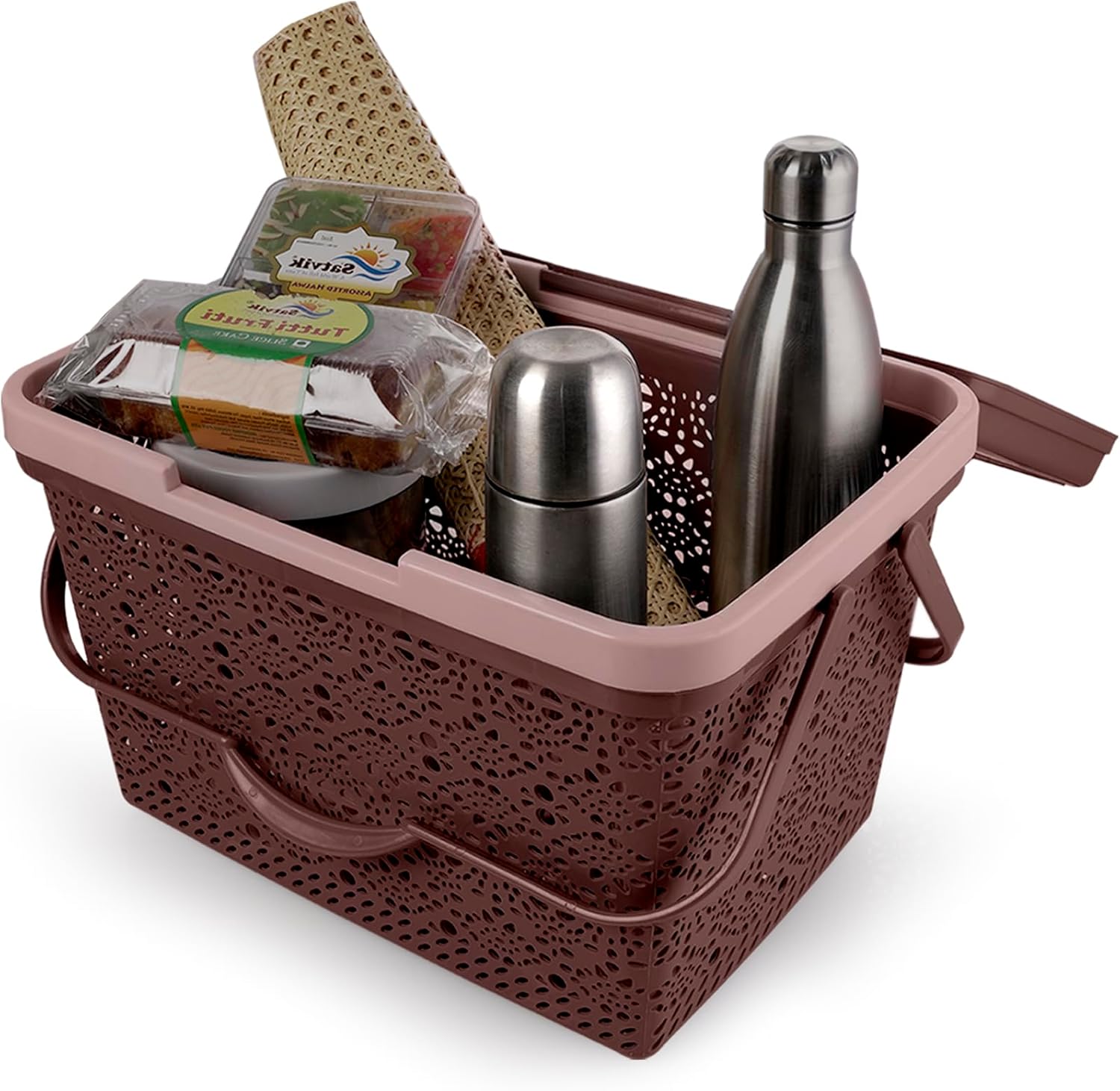 Dark Brown Plastic Multipurpose Basket with Lid | Modern Rectangular Basket with Sturdy Handle | Ideal for Outdoors & Home Organization