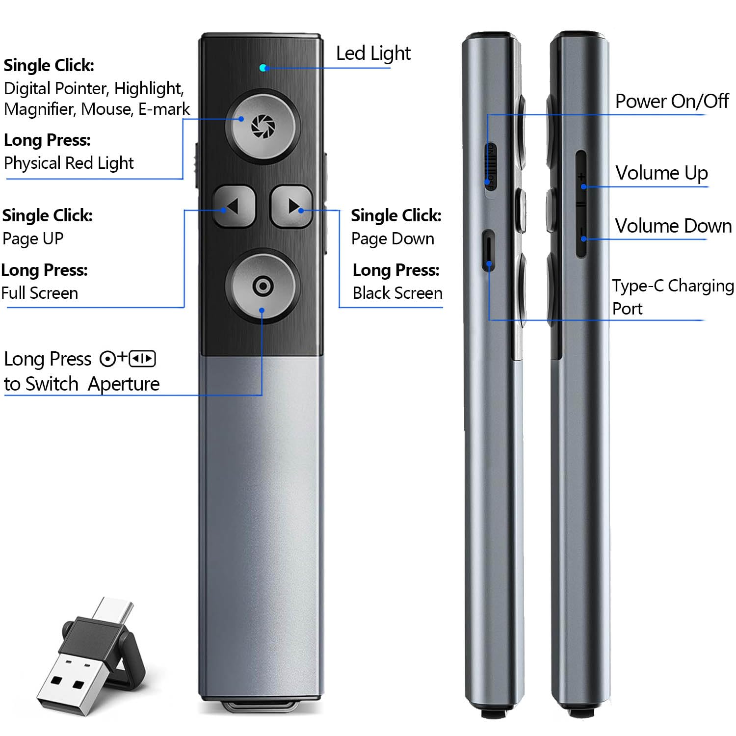Metallgehäuse digitaler Wireless Presenter für Präsentationen mit Highlight Lupe Maus Timer, USB/Type-C 2 in 1 wiederaufladbar Präsentation Fernbedienung Präsentator Pointer für LED LCD TV Bildschirm