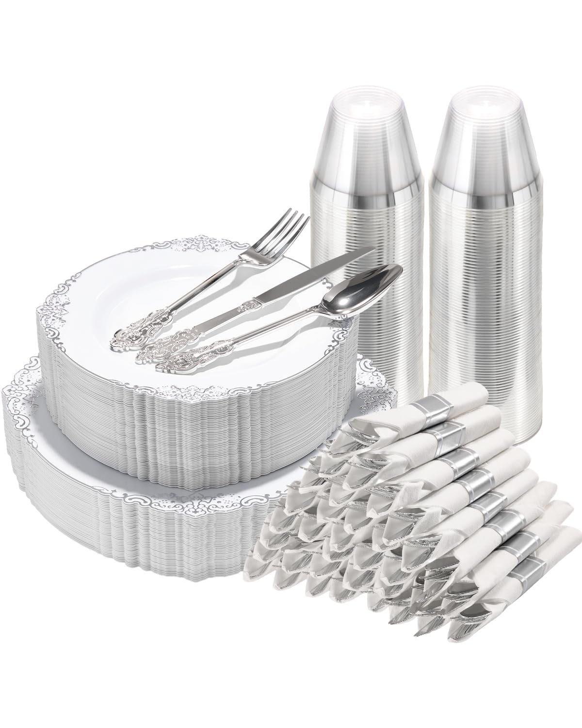 350 Piece White & Silver Dinnerware Set - 50 Guests -1