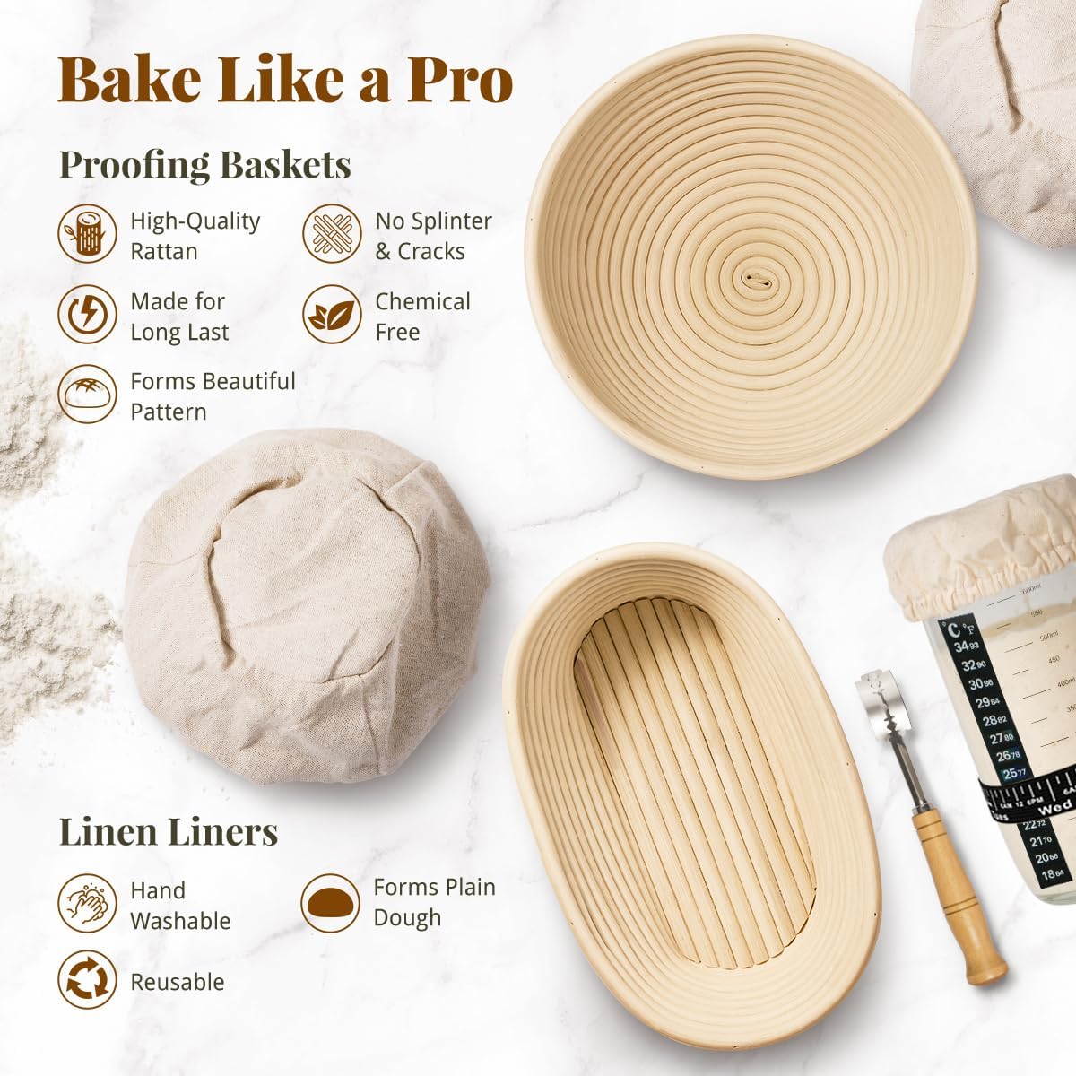 Sourdough Starter Kit, 9" Round & 10" Oval Banneton Bread Proofing Baskets Set with Jar, Sourdough Bread Baking Supplies Bread Making Tools, Sourdough Kit Gifts for Bakers Women - Image 2