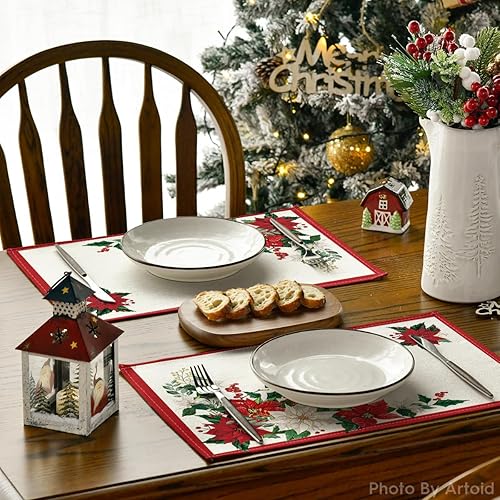 Miniatura 4 de Artoid Mode Juego de 4 manteles individuales de Navidad con hojas de color beige, 12 x 18 pulgadas, manteles individuales de invierno para