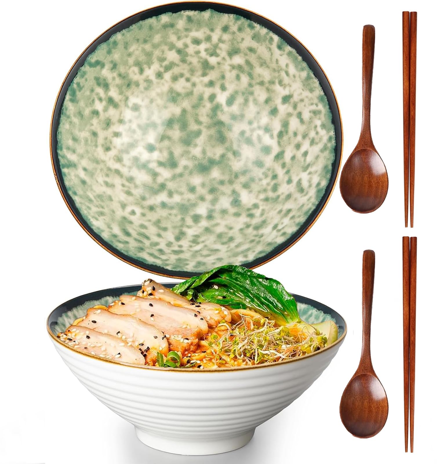 Bols à ramen en céramique Set de 2,Ramen Bol,1200 ml Bols à ramen Japonais,bol en céramique pour Ramen, salade, céréales,avec baguettes et cuillères