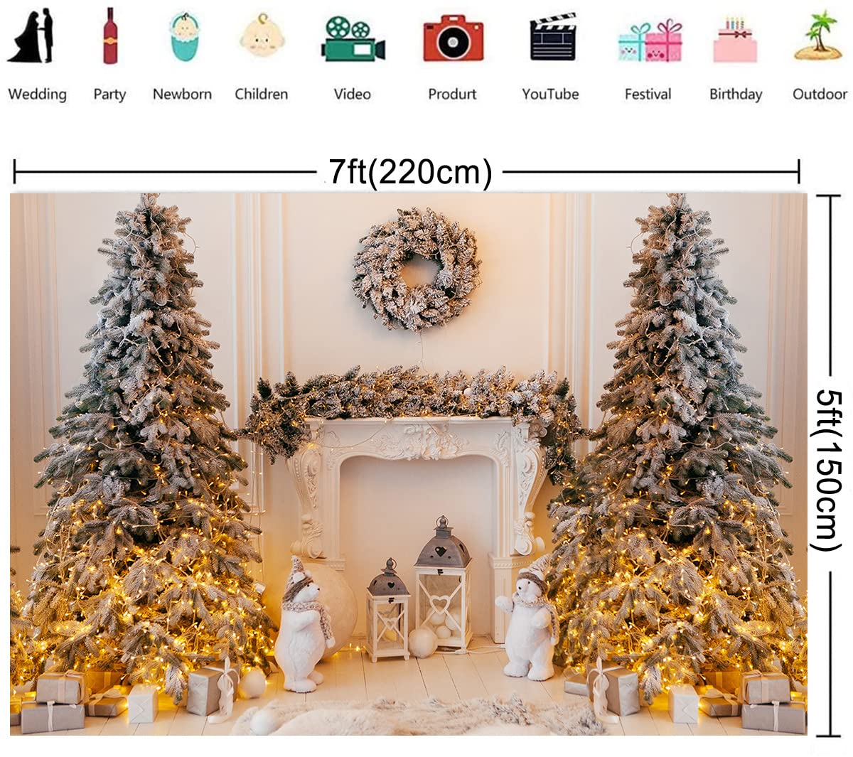 7x5FT Christmas Tree Fireplace Chair Gift Photography Backdrop Studio Prop Background