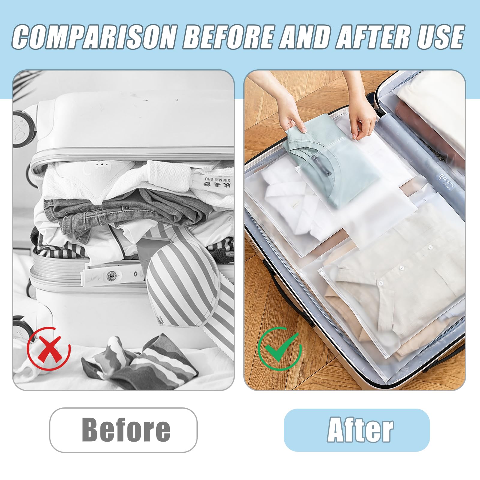 45 Pezzi Sacchetti Vestiti Viaggio con Zip Kit,40x35cm Buste per Indumenti Sacchetti Plastica Richiudibili, Impermeabili Smerigliato Maglioni Valigia Organizer, per Indumenti, Scarpe