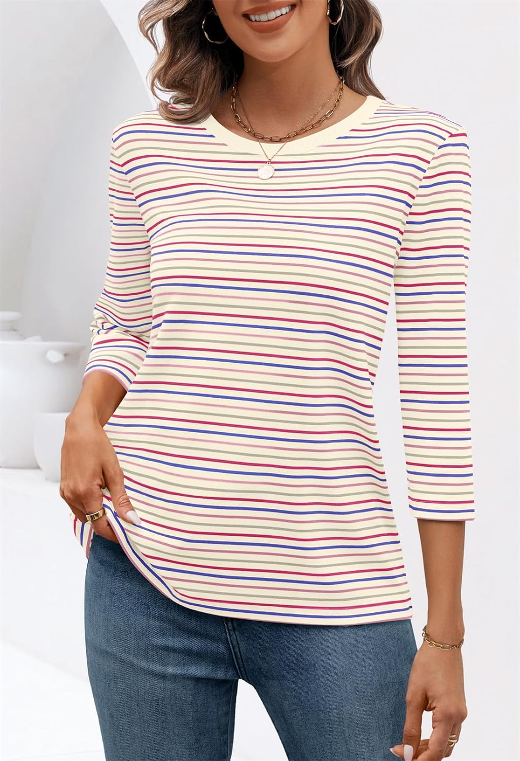MEROKEETY Women's 2025 Casual 3/4 Sleeve Tops Blouse Crewneck Colorful Striped Fall Loose Shirt - Image 3