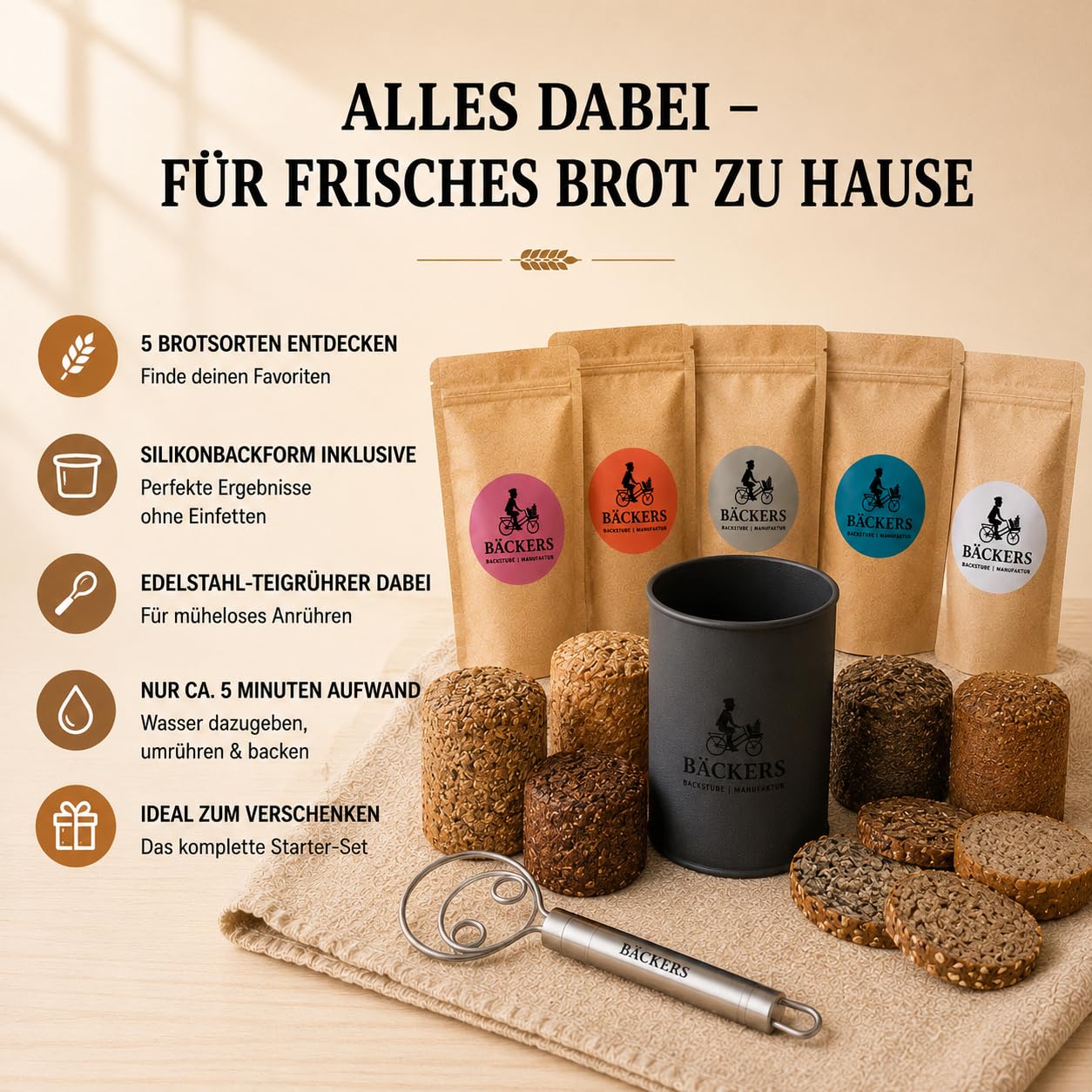 BÄCKERS Brotback-Starterset, 5 Brotbackmischungen mit einzigartiger Silikon-Backform (Made in Germany) & Dänischem Teigrührer | Einfach leckeres Brot backen I ohne Zusatzstoffe & immer frisch