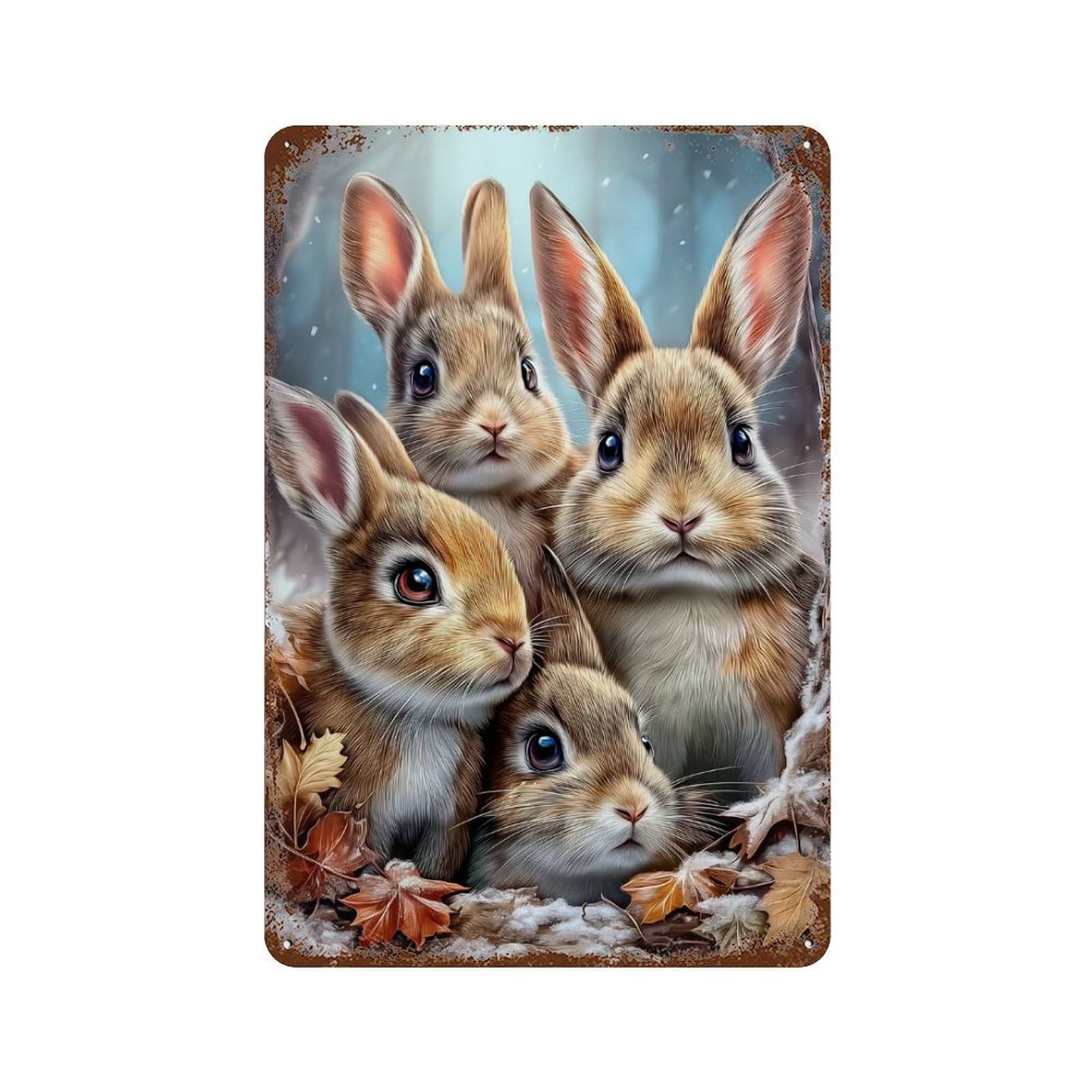 Four Cute Rabbits in Winter Scene Retro Metal Sign 11.8"x7.9", Ideal for Shed, Workshop And Garage Wall Decor