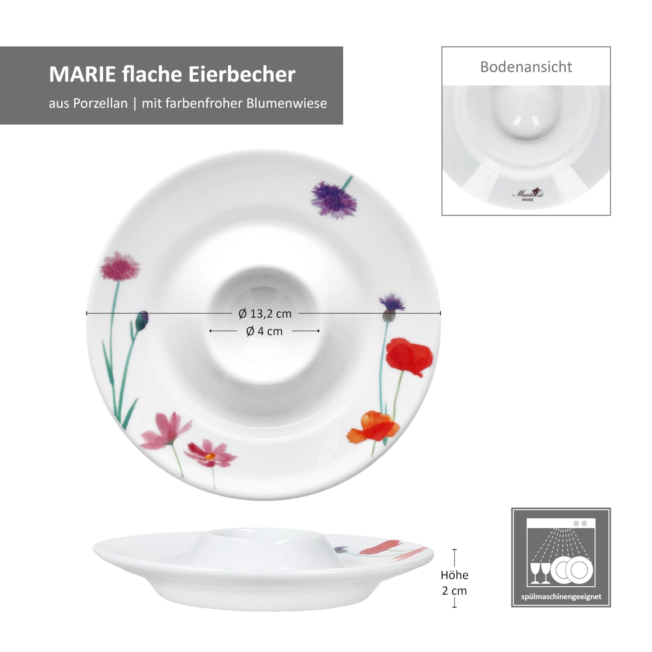 MamboCat Marie Lot de 6 coquetiers avec plateau I 6 personnes I Diamètre 13,2 cm I Coquetiers ronds en porcelaine avec décor prairie florale pour l'œuf du petit-déjeuner I Coquetiers plats pour brunch