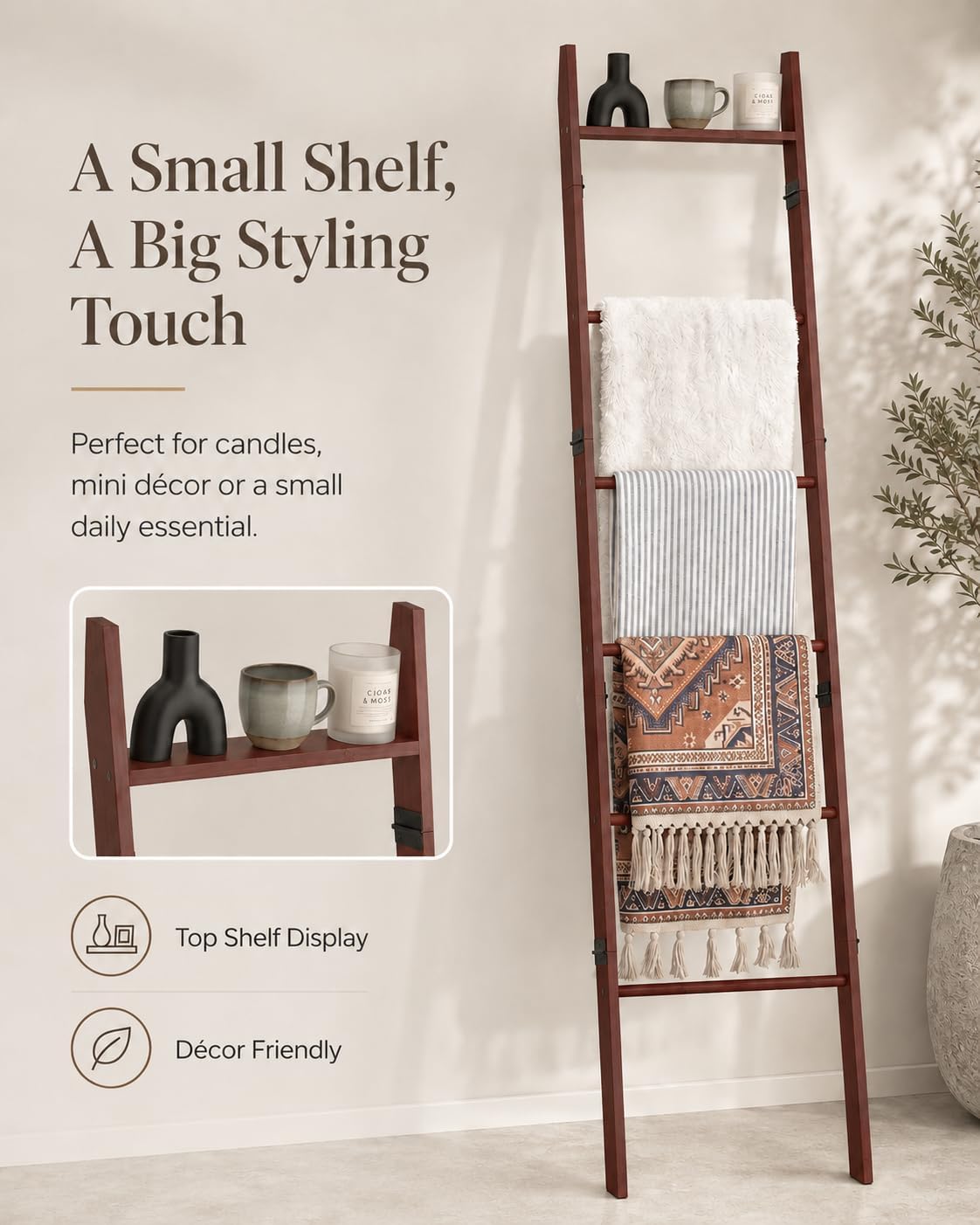 Blanket Ladder 6 Tier with Shelf for Living Room Bedroom and Bathroom