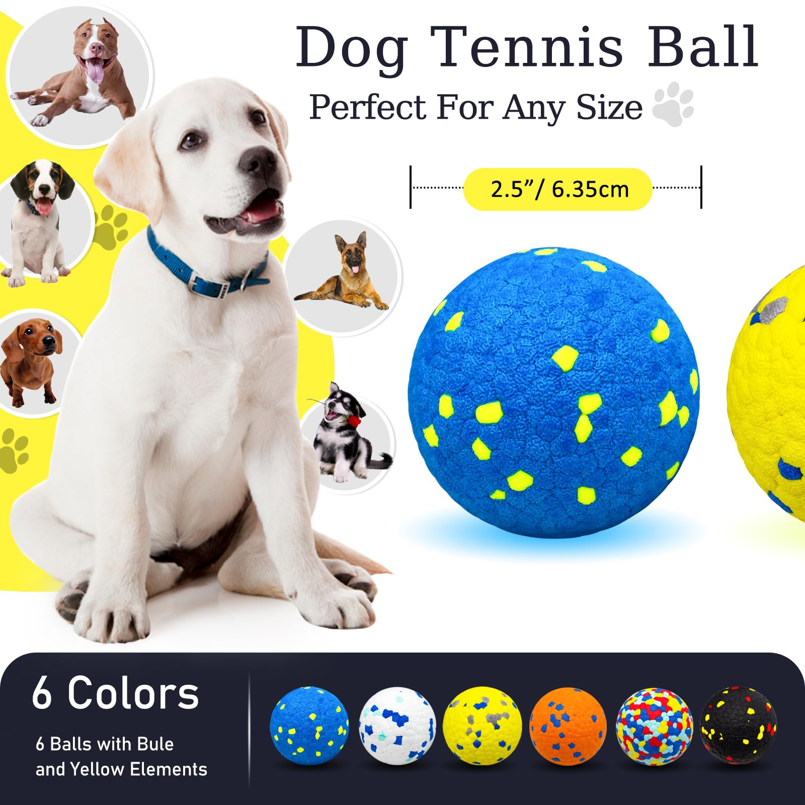 CHEODIN 6 Pcs Dog Balls Tennis Ball for Aggressive Chewers Indestructible Dog Teething Chew Toys for Large Medium Small and Puppies, More Biting-Proof Atom.