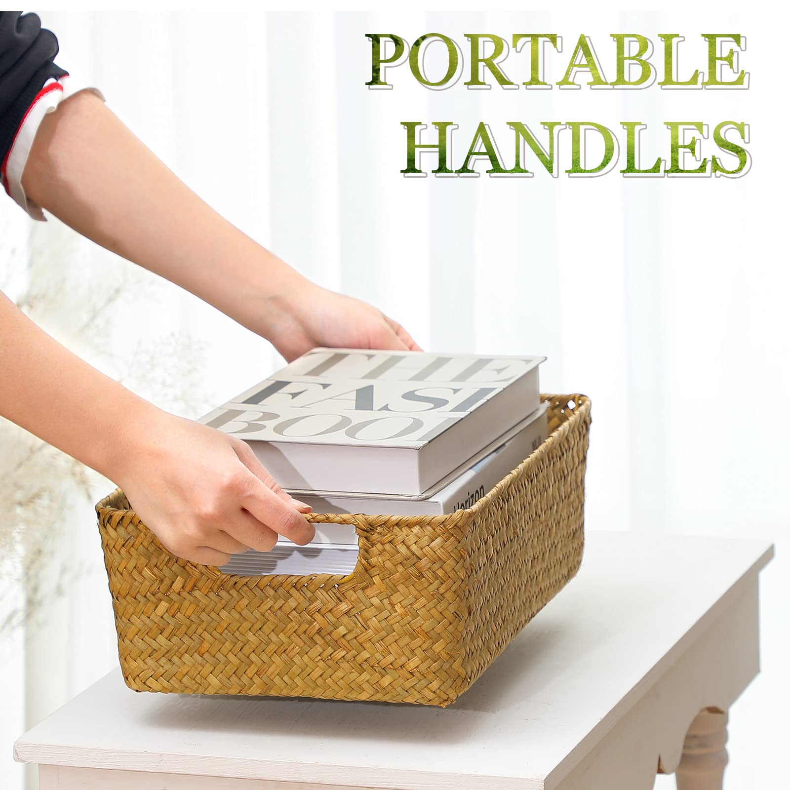 2 Pcs Wicker Storage Basket Hand Woven Seagrass Baskets Medium and Small Water Hyacinth Storage Baskets with Handles Rectangle Natural Bread Basket for Bathroom Pantry Kitchen Closet Shelf Organizing