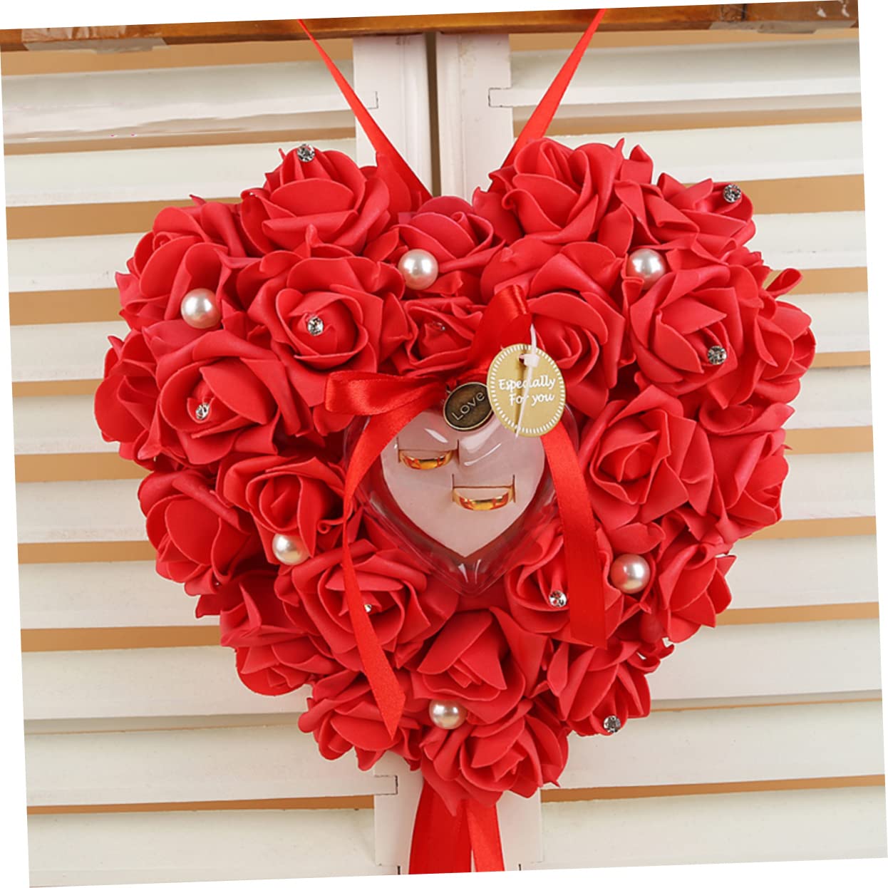 Ciieeo 3 Pièces Anneau Oreiller Porte Bague de cérémonie décorer Porte-Bague Cadeau Ribbon Rituals Faveur de Mariage en Forme de Coeur boîte de Bague réglage de la Bague la mariée Rouge