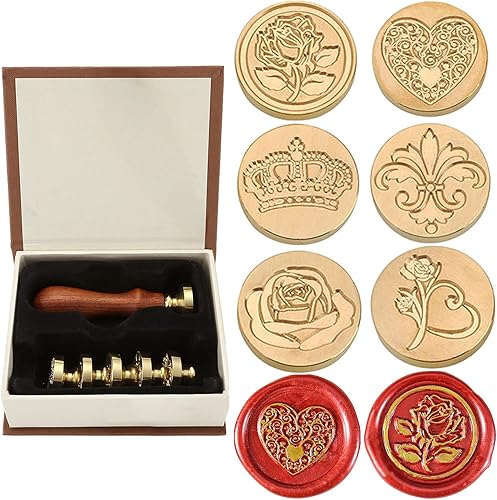 Yoption Juego de 6 Sellos de Cera, Kit de Sellos de Cera Selladora Romántica Rosa Corazón Corona de Flores, Mango de Madera con Cabeza de Latón para