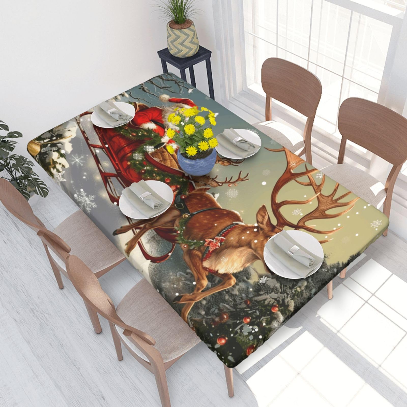 DCARSETCV Merry Christmas 2 Printed 4FT Waterproof Tablecloth with Elastic Edged Protect & Decor Your Table, Oil-proof Washable Table Cloth Cover for Dinner Picnic Party