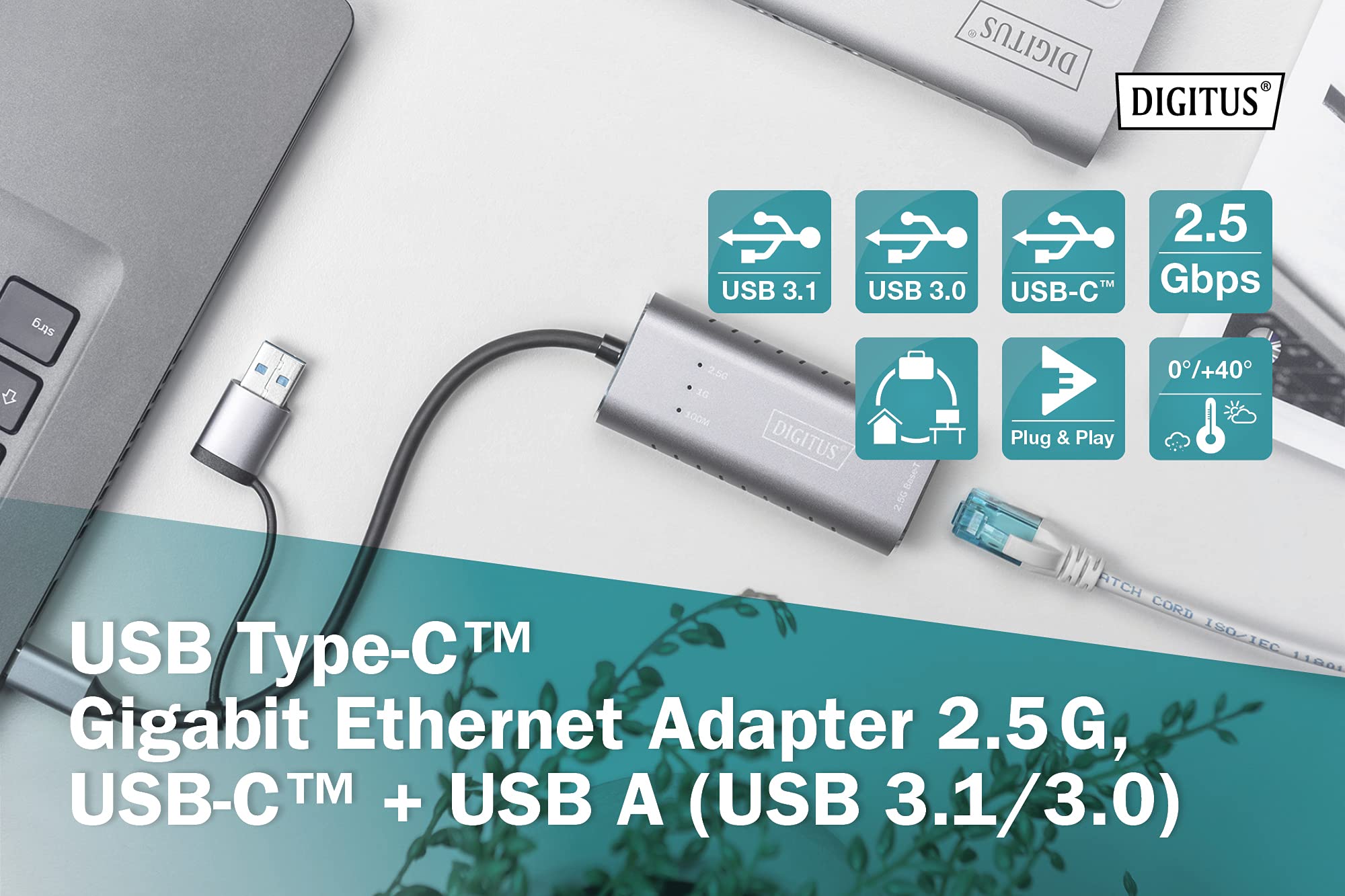 DIGITUS Adapter sieciowy USB - 2,5 Gbit/s - RJ45 do USB-C 3.1 - wraz z adapterem typu A - pełny dupleks - Auto MDI-X - szary
