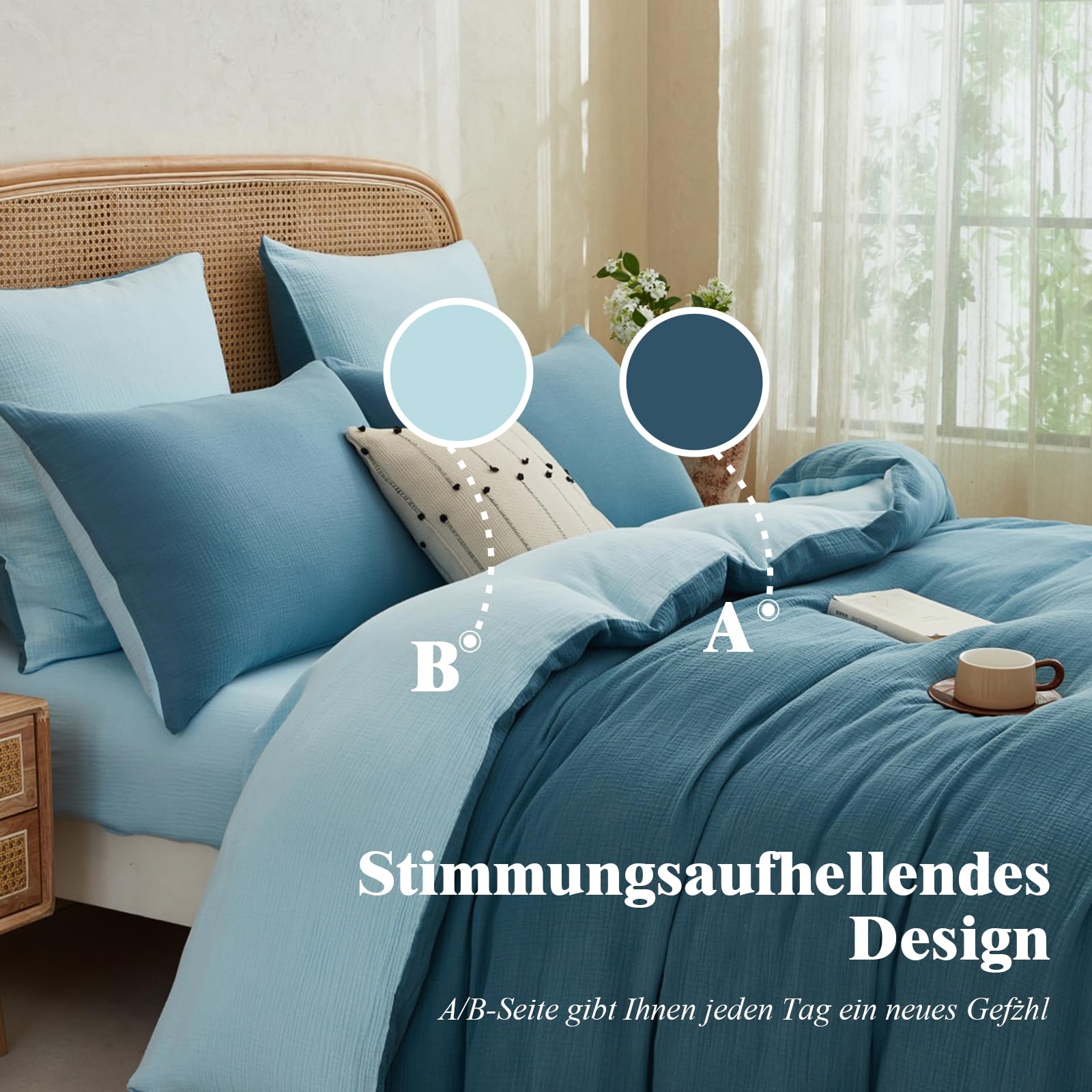 Boqingzhu Muslin Bettwäsche 135x200 cm Baumwolle Blau Dunkelblau Hellblau Sommerbettwäsche Leicht Kühlend Atmungsaktiv Wende Bettbezug Einzelbett und Kissenbezug mit Reißverschluss