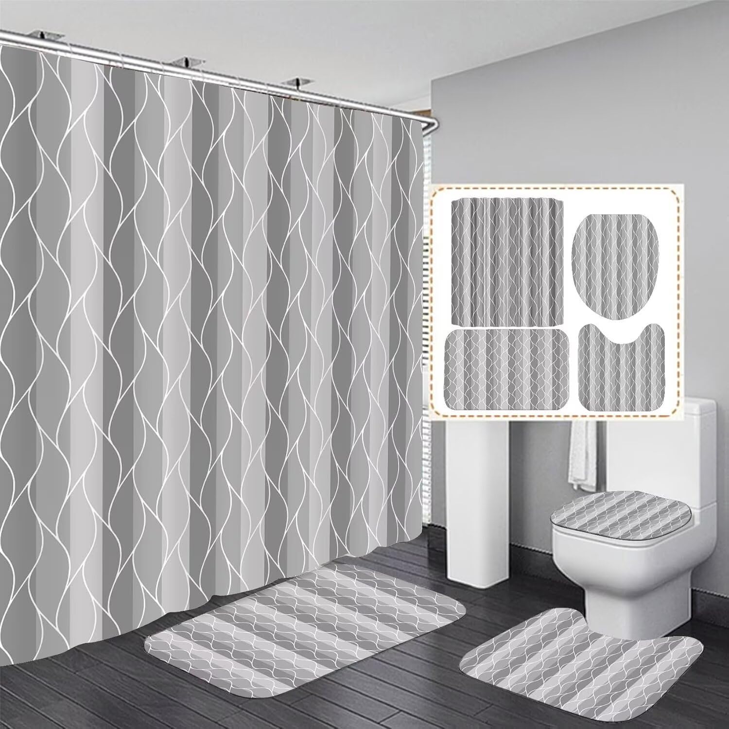 DDQQ Grey Geometric Wave 4-Pc Shower Curtain Set with Non-Slip Rugs, Mats, Toilet Cover & 12 Hooks - Bathroom Refresh