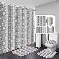 DDQQ Grey Geometric Wave 4-Pc Shower Curtain Set with Non-Slip Rugs, Mats, Toilet Cover & 12 Hooks - Bathroom Refresh