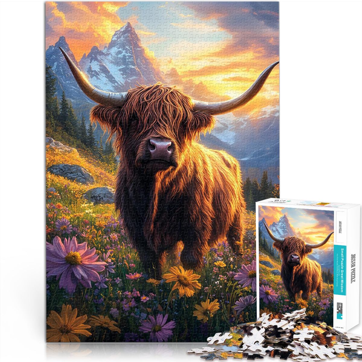 Jigsaw Puzzles for Adults 1000 Pieces Highland Cow Sunset Challenging Game 26x38cm is ideal as gifts for the whole family for and Age 14