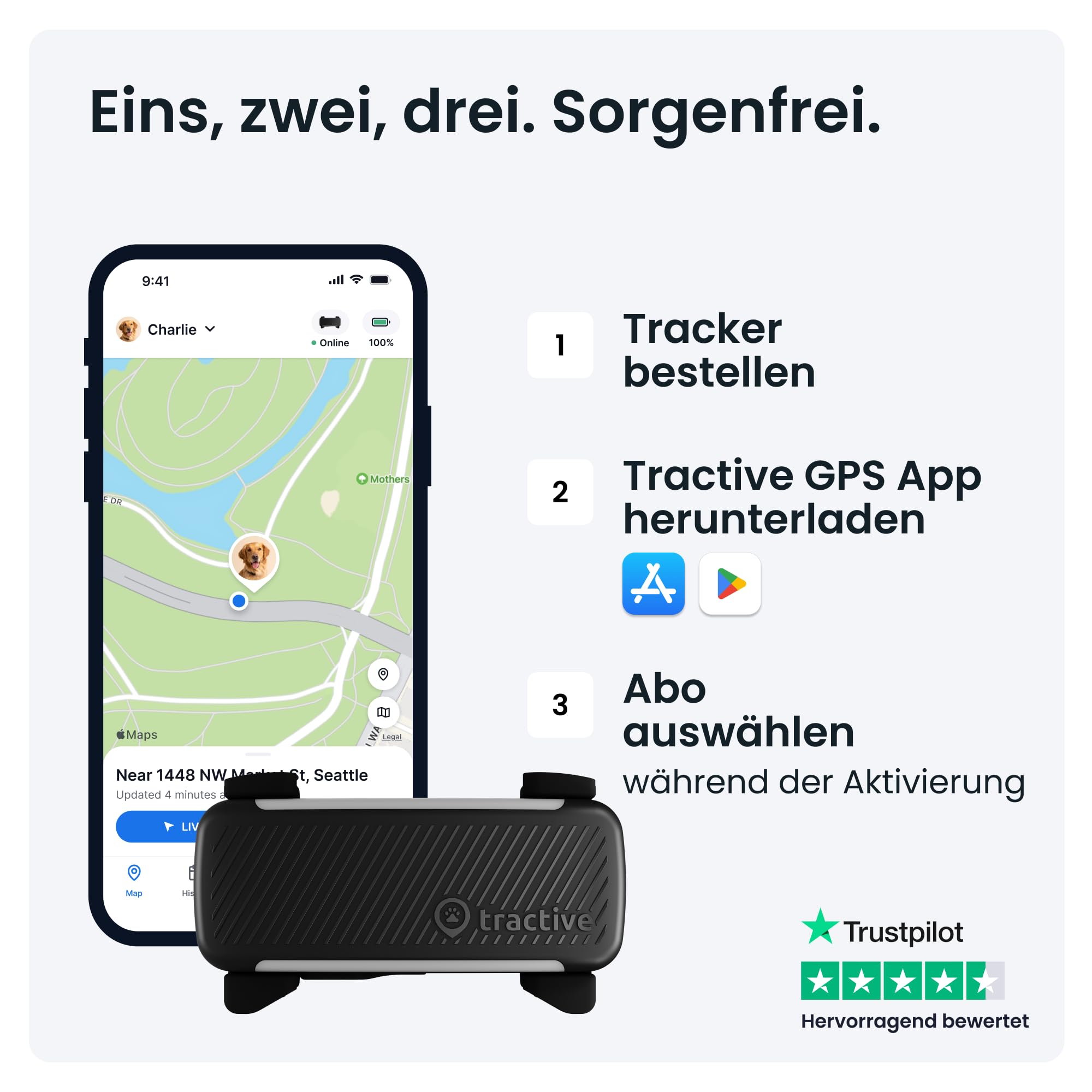 Tractive GPS Tracker Hund 2025 Edition Live-Ortung Weglaufalarm Aktivitätstracking Schwarz