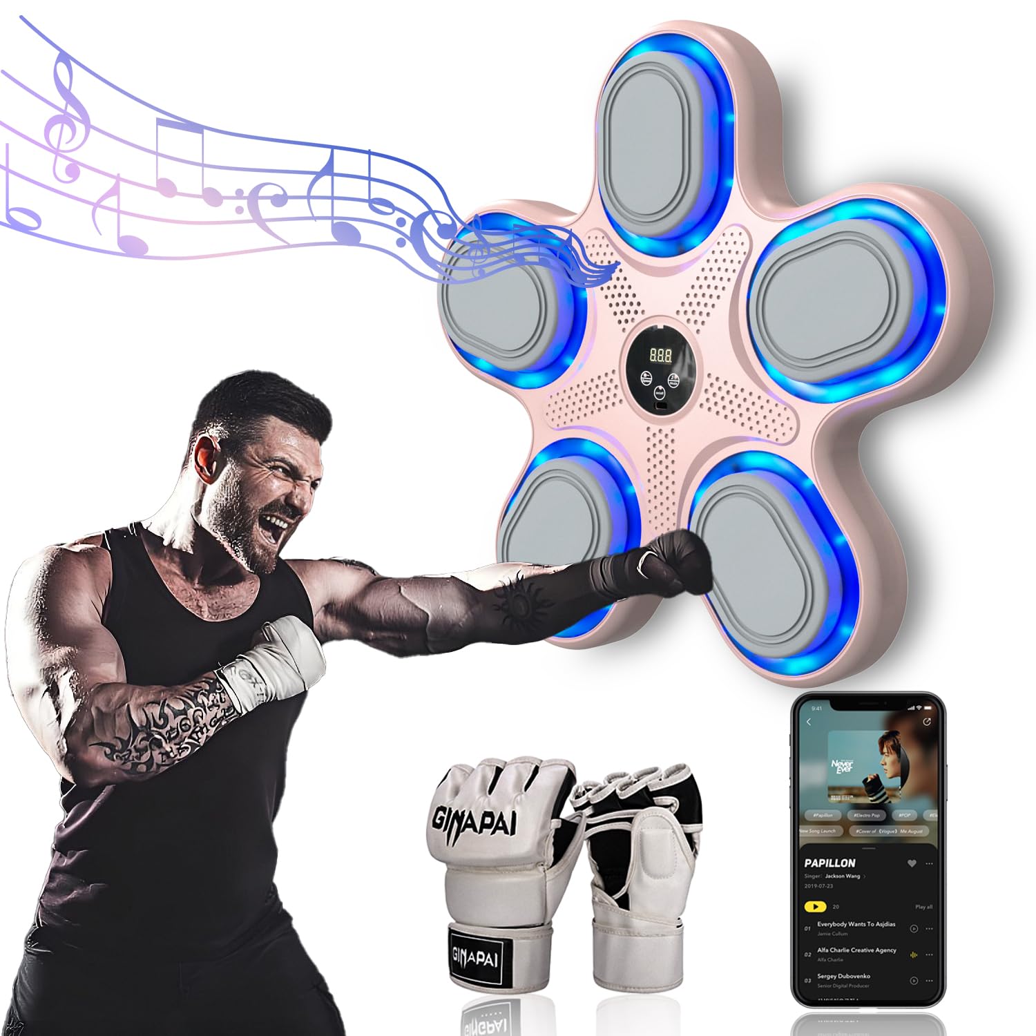Máquina de Boxeo Musical para Adultos niños, Pared montada electrónica música máquina de Boxeo con Guantes de Boxeo, 9 Modos de Entrenamiento de Objetivos de Boxeo para el Gimnasio en casa