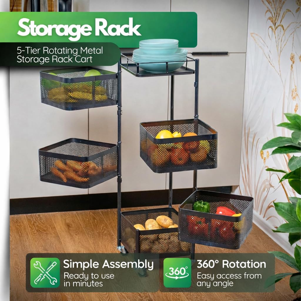 Rotating Fruit and Vegetable Basket - 5 Tier Square Metal Kitchen Storage Rack - Rolling Utility Cart with Breathable Mesh Drawers for Pantry Organization - Heavy Duty Black Floor Shelf on Wheels