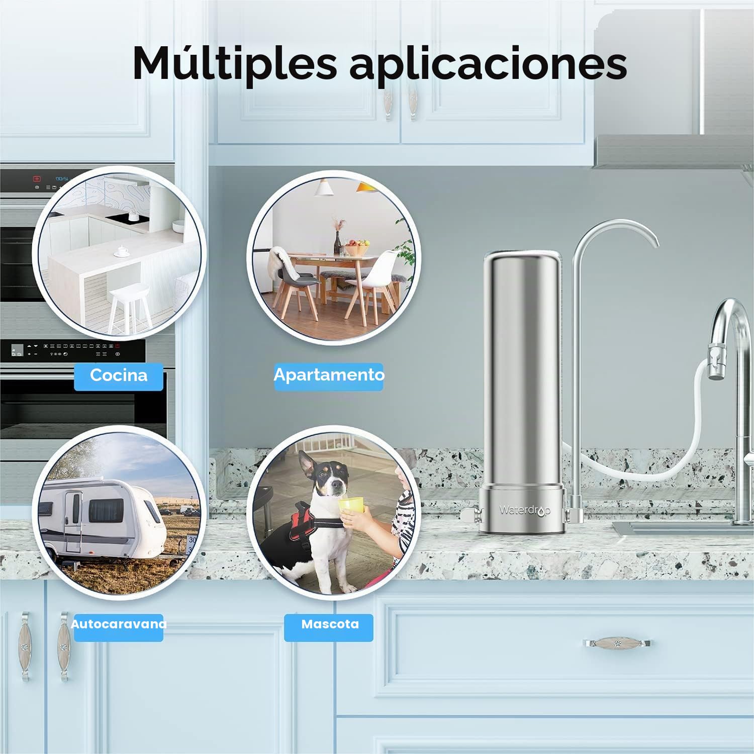 Waterdrop WD-CTF-01 Filtro de Agua para Encimera, 5 Etapas de Filtro de Acero Inoxidable, 8000 Galones Filtro de Grifo, Reduce el 99% de Cloro, Metales Pesados, Mal Sabor (1 Filtro Incluido)