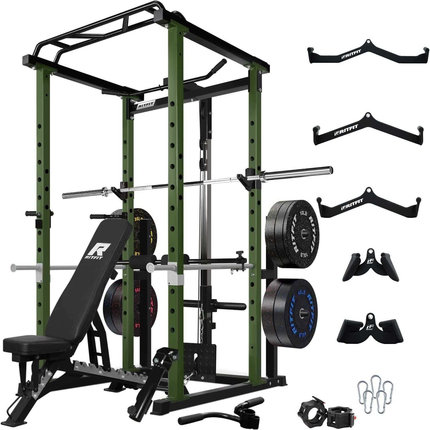 RitFit Squat Rack Power Cage Home Gym Package, Includes 1000LBS Power Rack with Cable Crossover System, Weight Bench, Weight Plate Set with Olympic Barbell (PPC02 Package 1.9K (FBP 340LBS))-Green